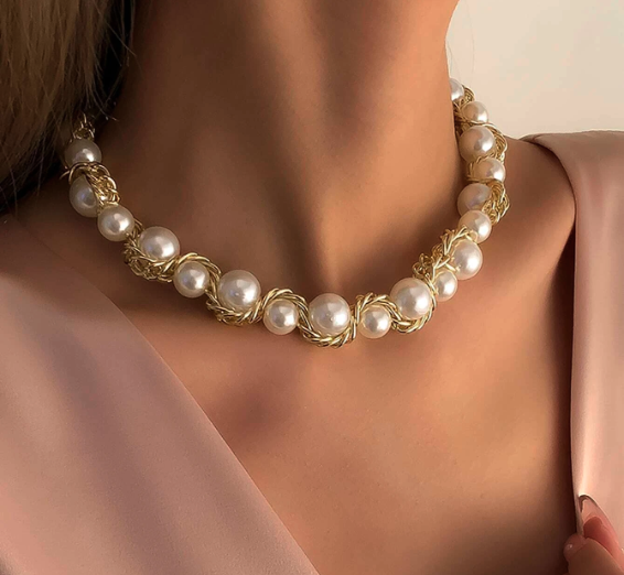 Faux Pearl with Gold Trims Short Necklace