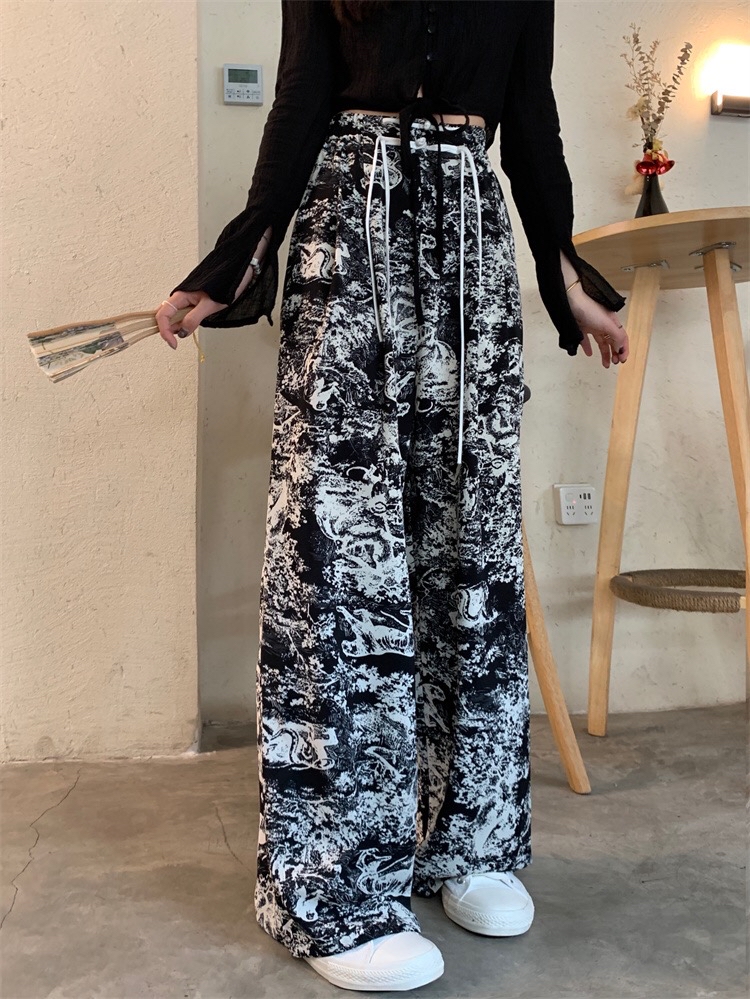 B319(66012) 新中式水墨风扎染前排盘扣流苏黑白直筒长裤