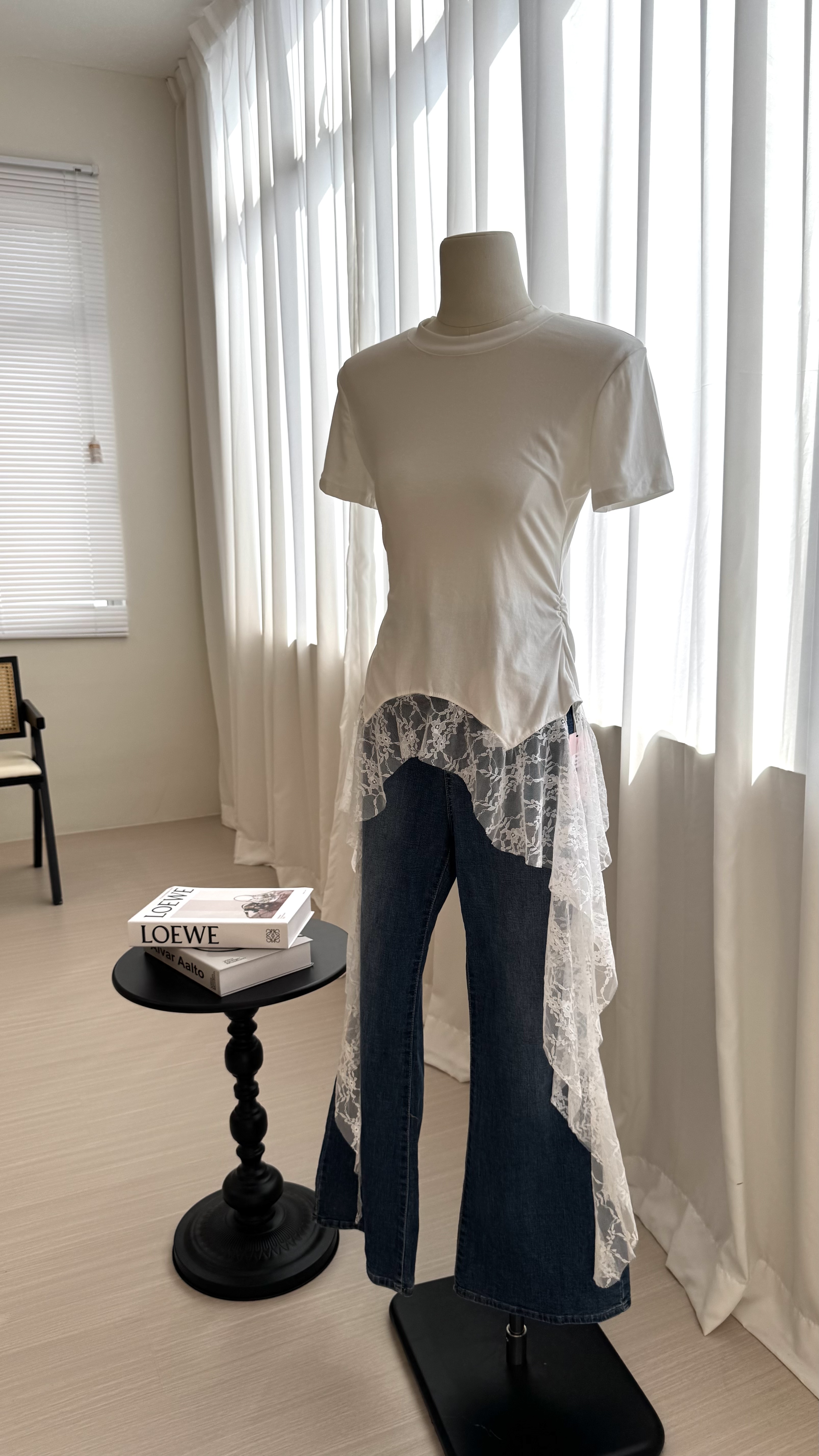 不规则蕾丝拼接短袖｜CN01352616WHITE