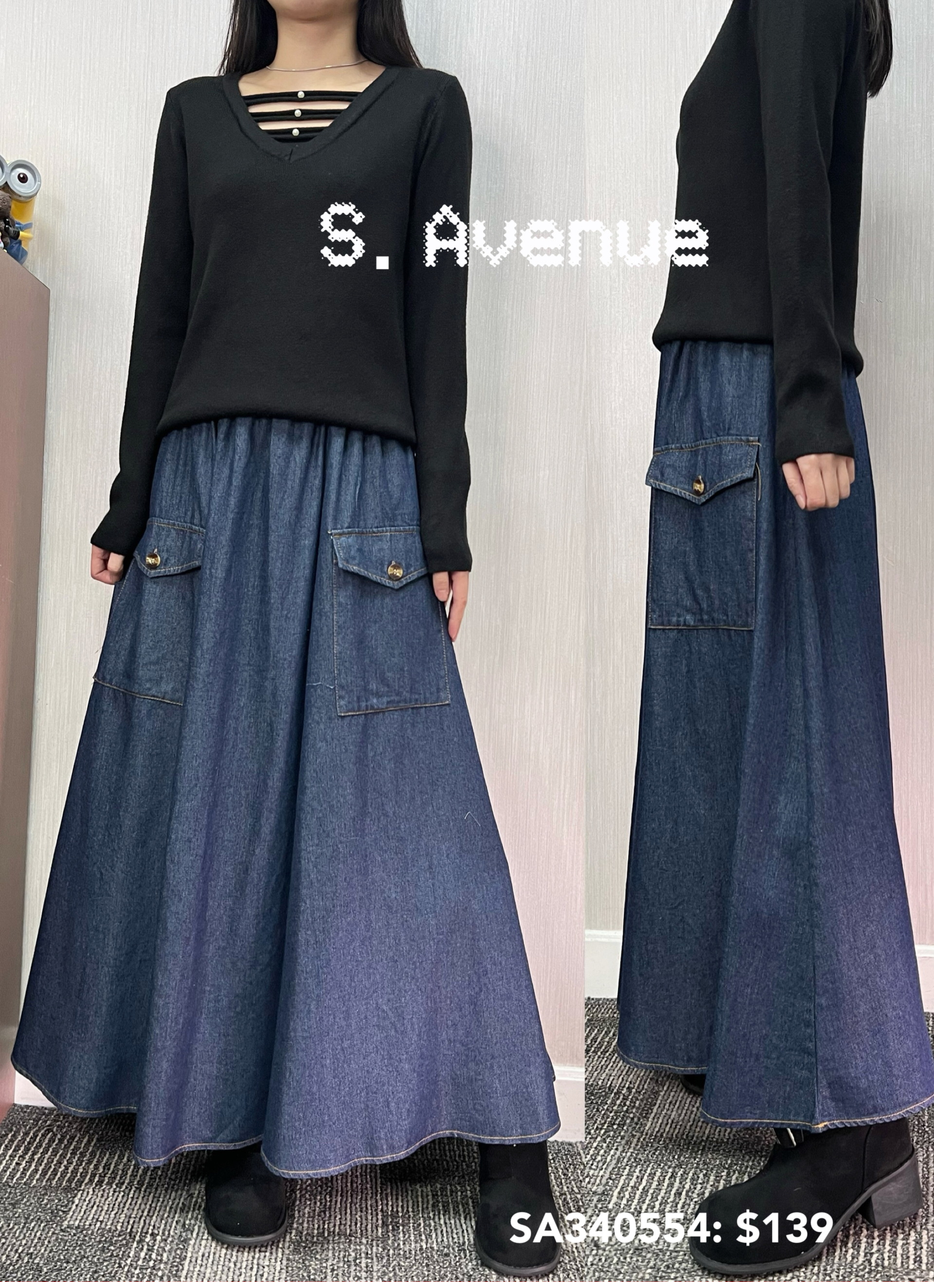 SA340554: 橡筋腰前方袋A字牛仔長裙