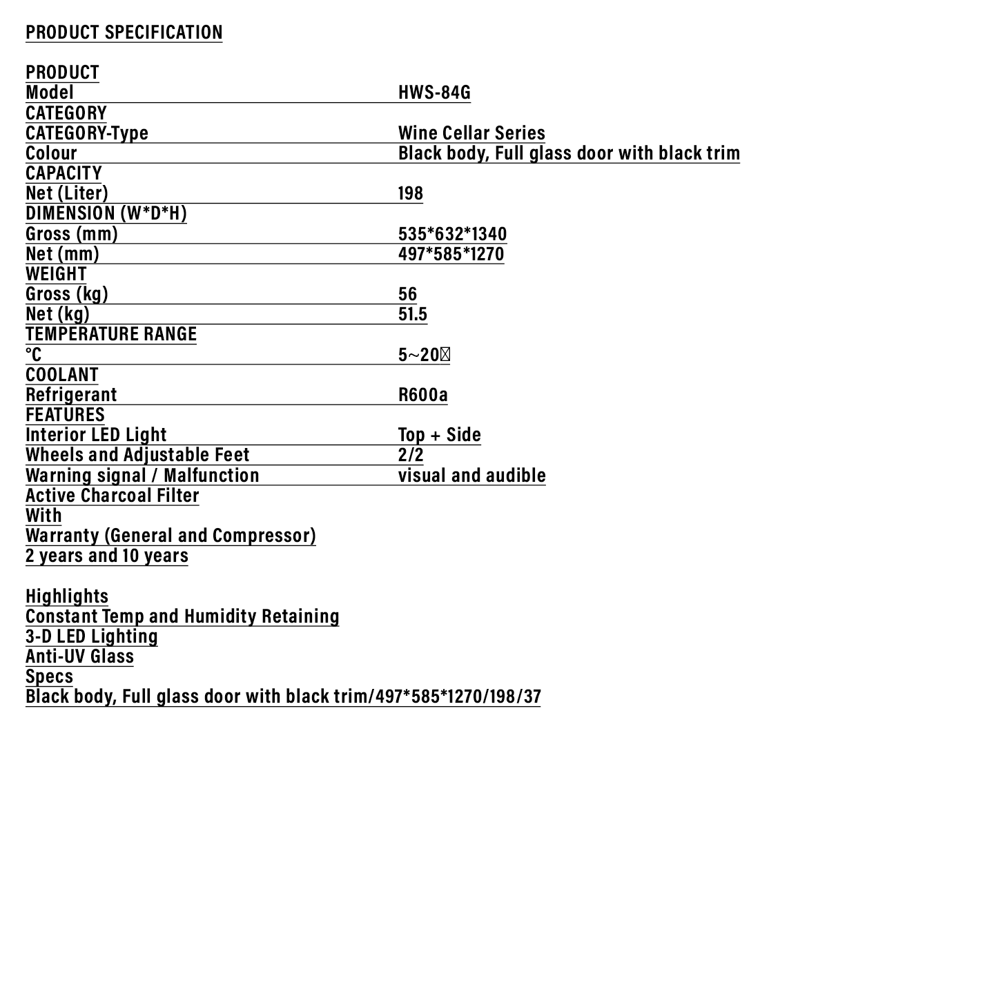 Haier 84 Bottles Wine Chiller (HWS-84G)