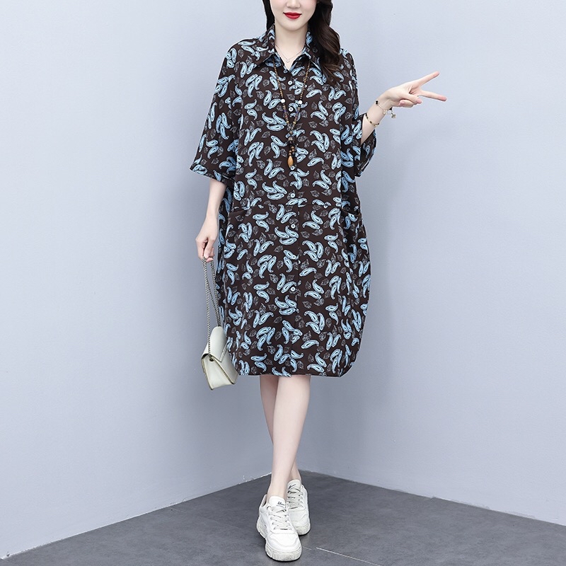 B170(2555) 韩版洋气艺术蓝叶翻领咖衬衫连身裙