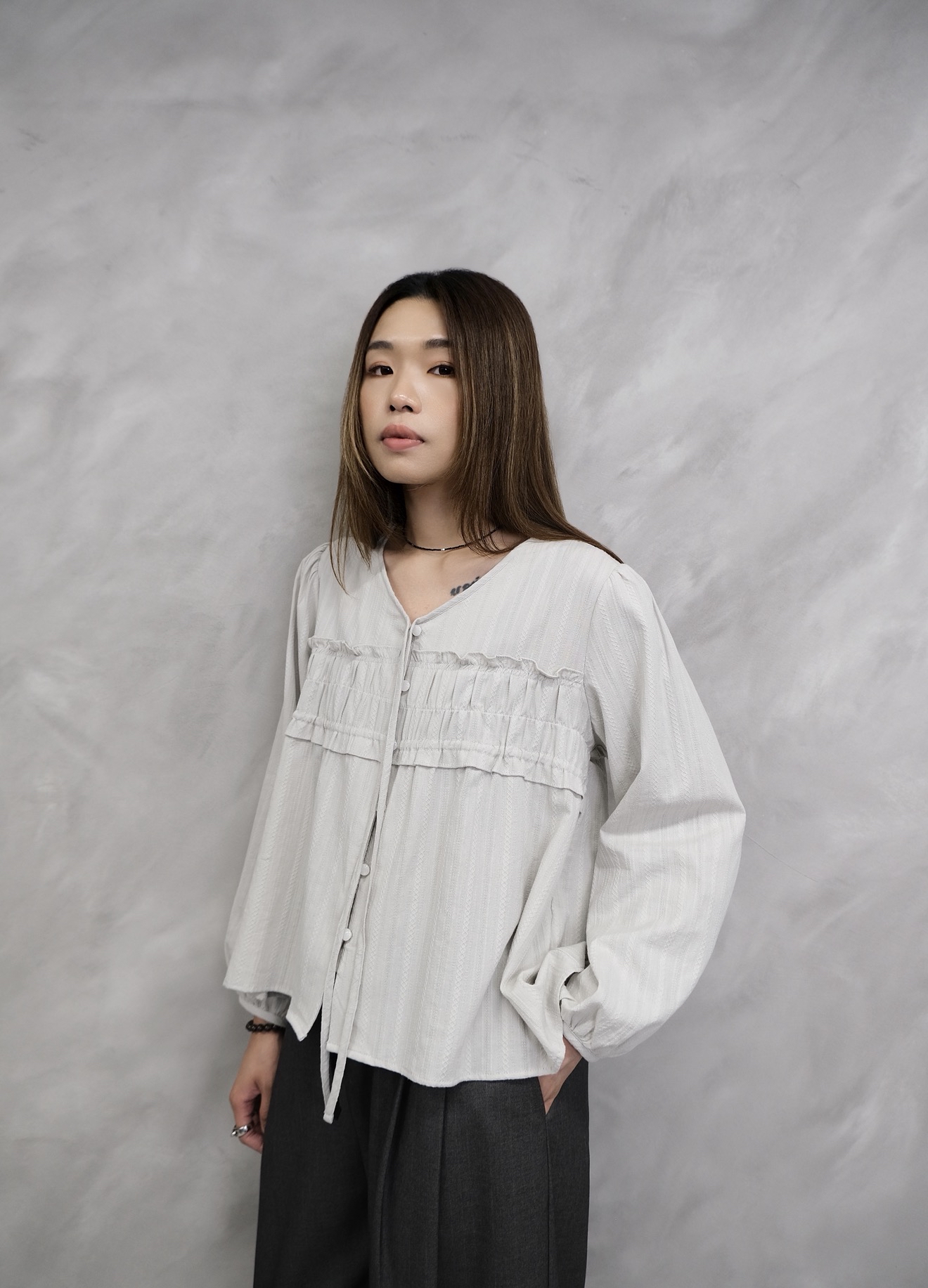 Ruched V-Neck Blouse #top155