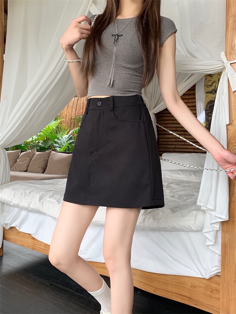 B273(5536) 韩版时尚简约单钮黑灰前裙后裤