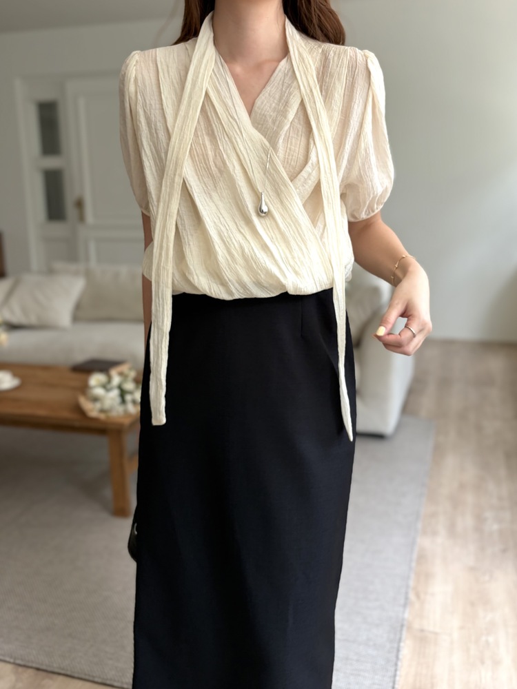 Louise Wrap Blouse with Tie (Cream)