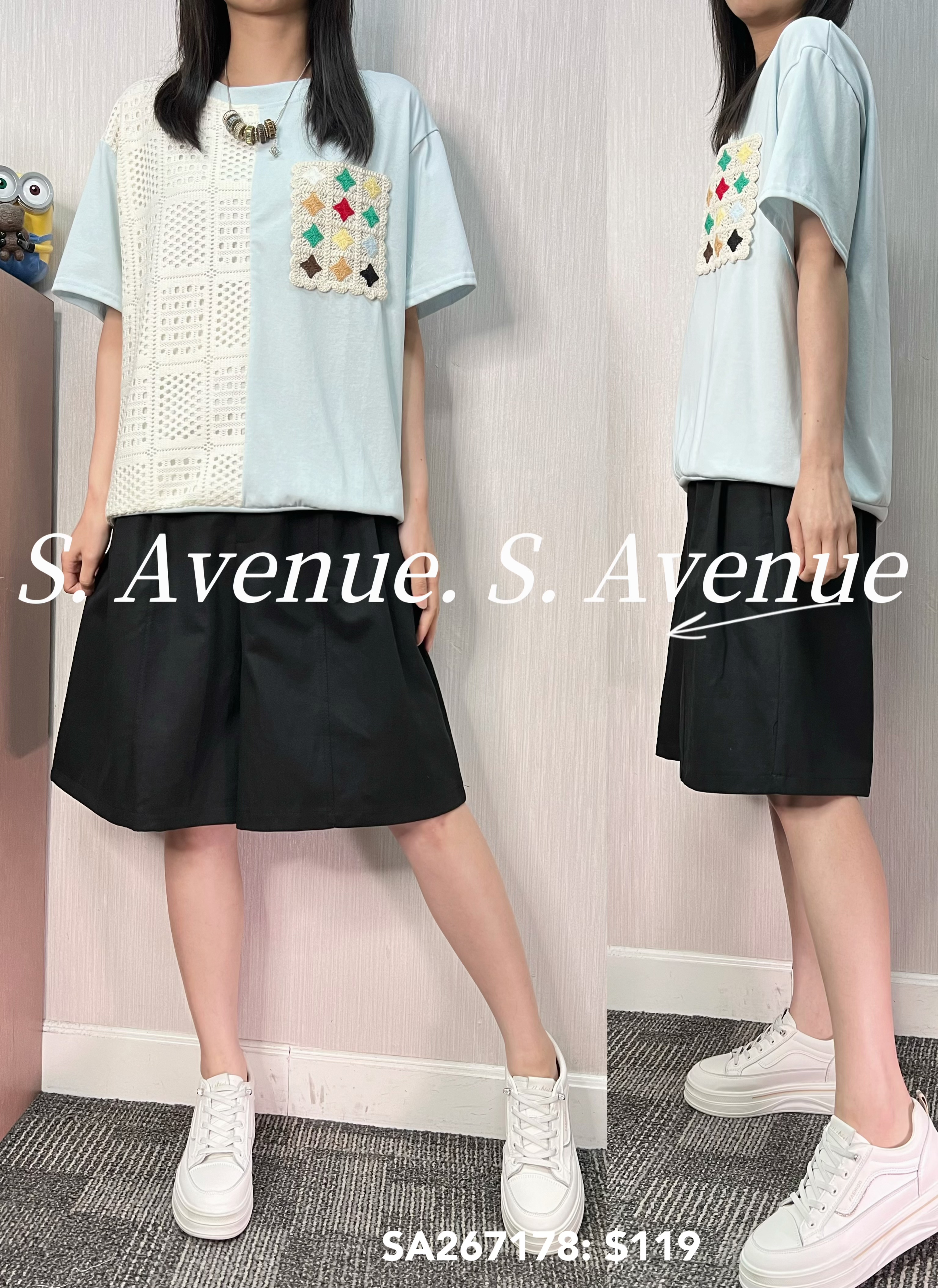 SA267178: 短袖側拼lace勾織袋tee