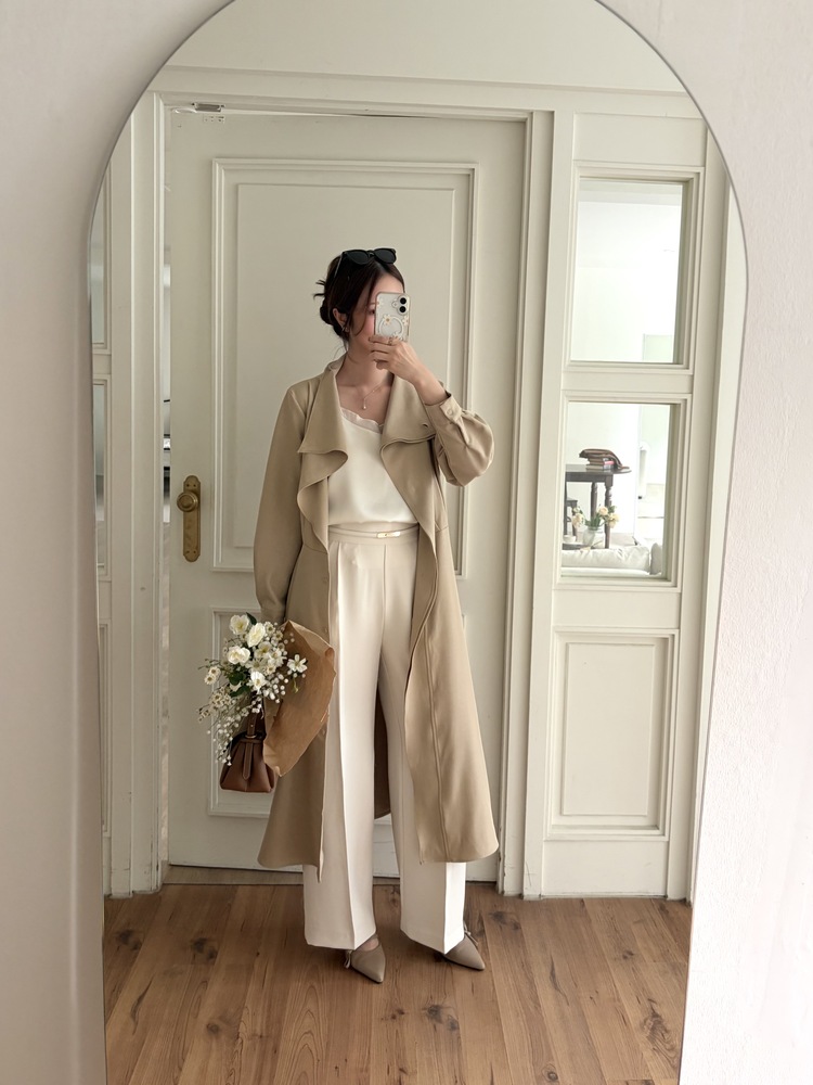 Classic Flared Trench Dress (Warm Beige)