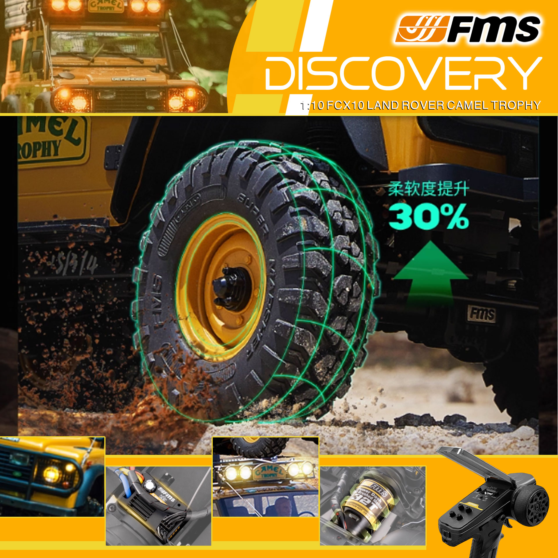 全新 FMS 1:10 Land Rover Camel Trophy Discovery 攀爬車 | FCX10 | Land Rover 授權 | 4輪驅動 | 550 32T 有刷電機 | 雙速變速機械波箱