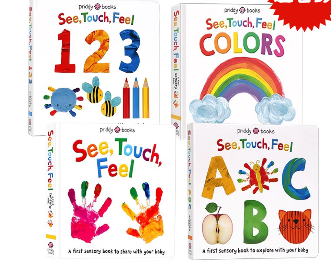 See Touch Feel 觸覺視覺嗅覺感官認知系列觸摸書   ✅可以封神的寶寶感官觸摸體驗書~！超多小red書媽媽自發種草的英文繪本~！  ✅4本=顏色啓蒙Colours+英文字母啓蒙ABC+數學啓蒙123+SeeTouchFeel繪本（最火） ✅藝術感十足的觸摸書，英文啓蒙&美育啓蒙   保證正版原版進口！適讀0-4歲！