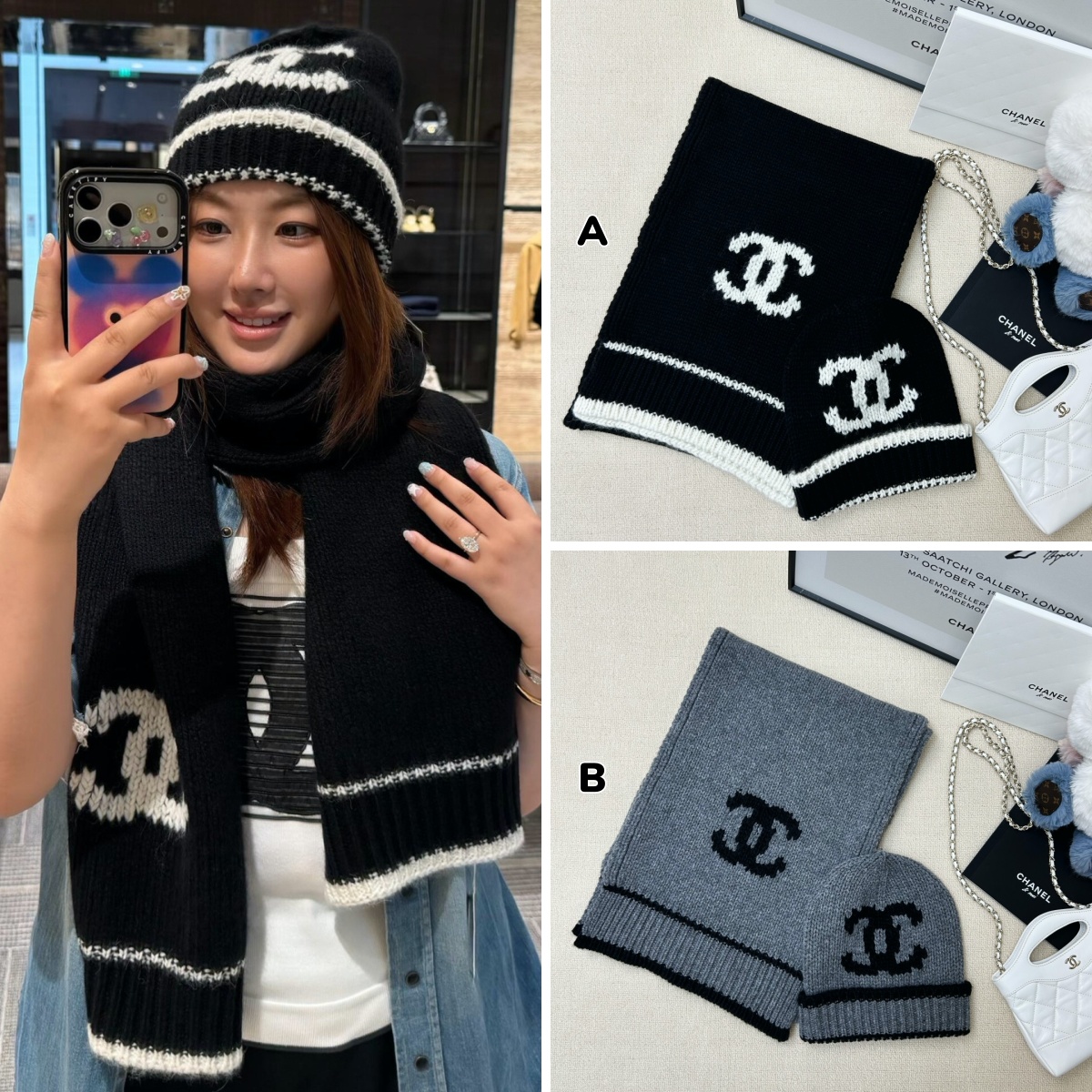 【頂級原單】CHANEL 提花CC羊絨針織帽頸巾套裝