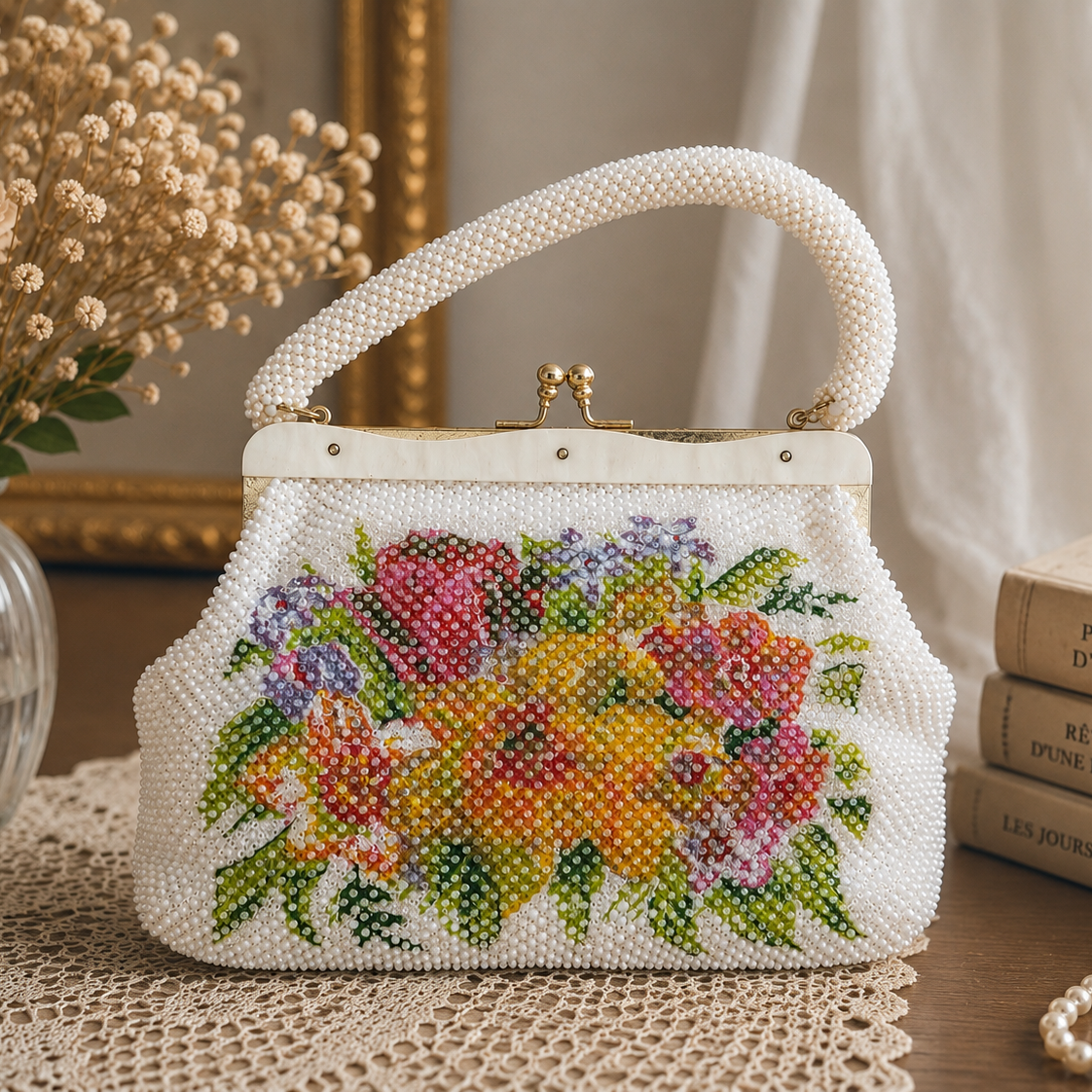 Unmarked C.a. 1960s Made in Hong Kong "Sugar-Coated" Floral Bead Bag (MT2597)