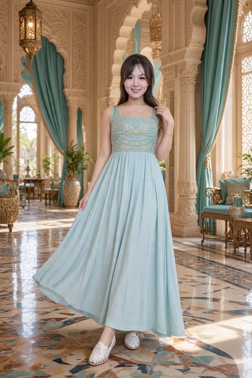 3508 Pastel Blue Full Emb With Pads Sleeveless OP