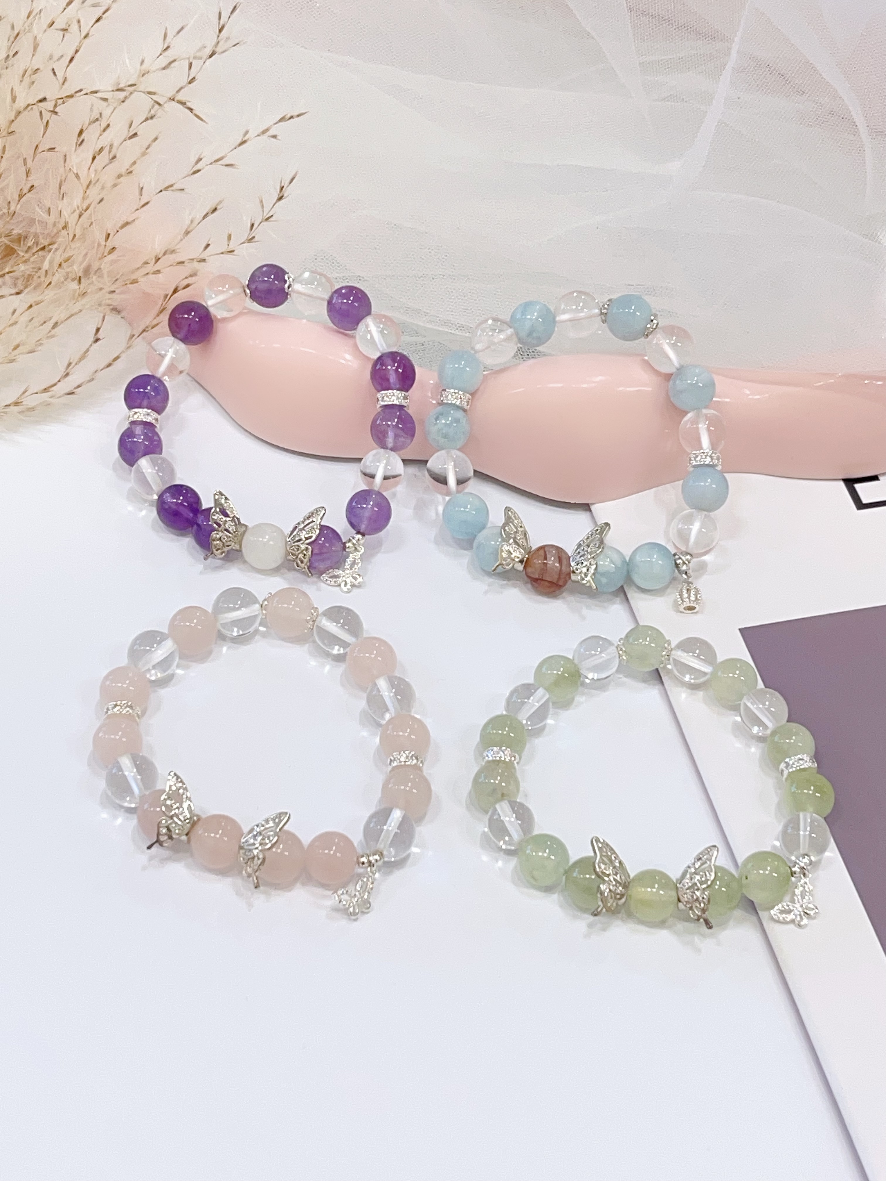 🌈 海蓝宝 × 紫水晶 × 粉水晶 × 葡萄石 × 白水晶手串 Aquamarine, Amethyst, Rose Quartz, Prehnite & Clear Quartz  |  10mm