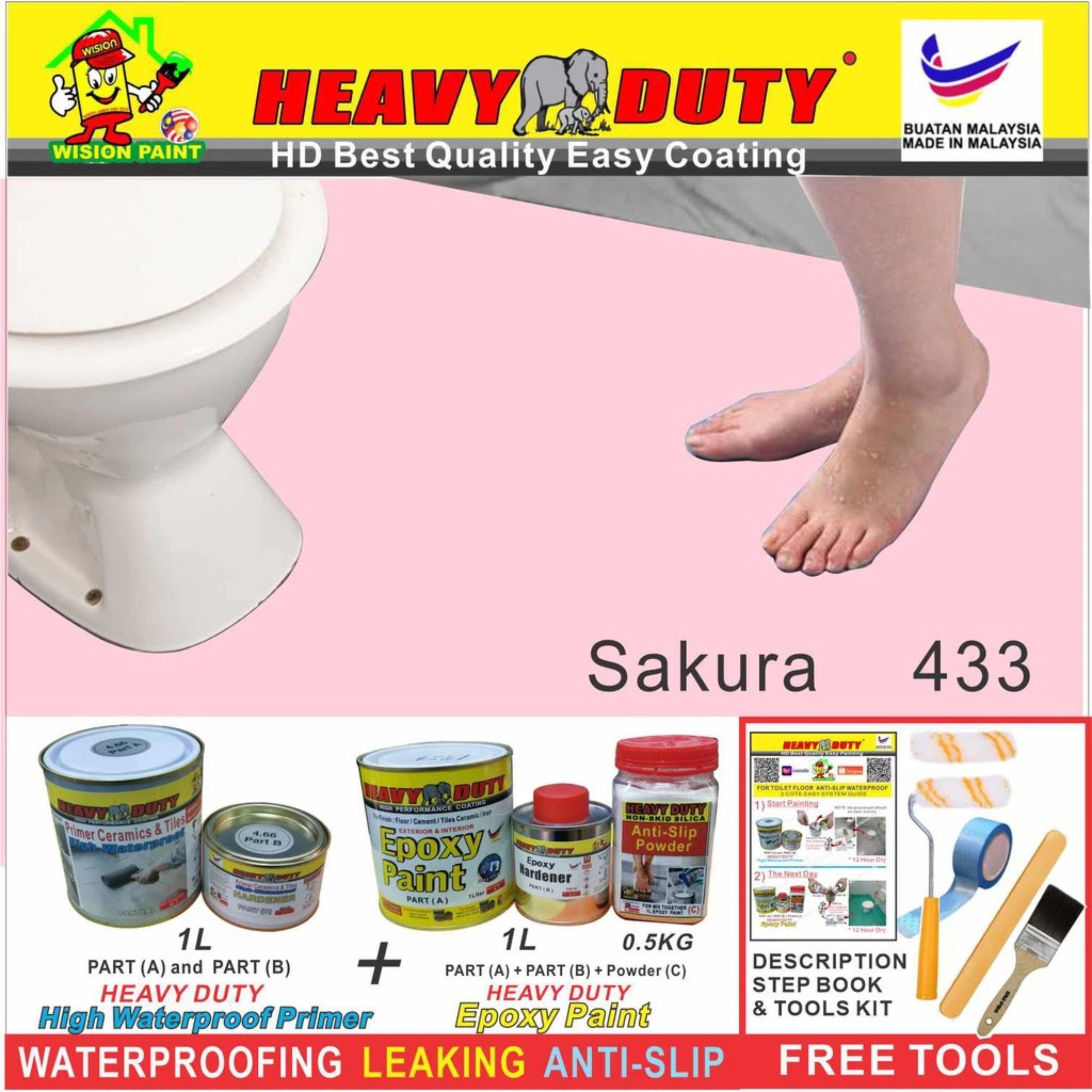 FULL SET (HEAVY DUTY BRAND) Floor Coating (Free Paint Tool Set) 1L Tile Primer + 1L Epoxy Colour + 0.5kg Non-skid Silic