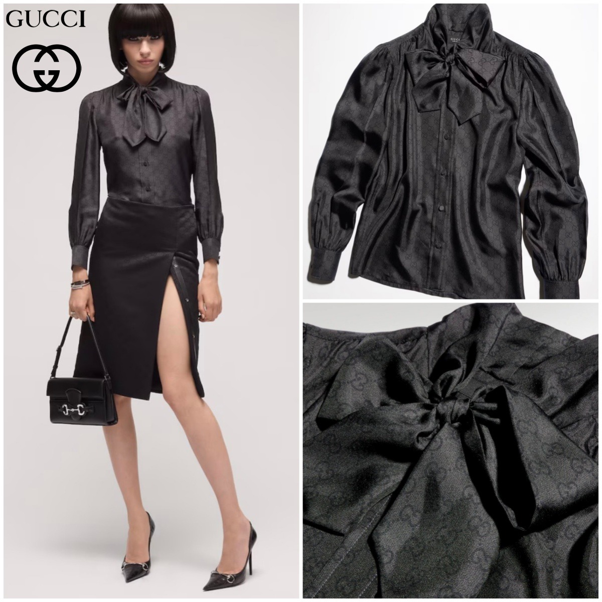 【原單】GUCCI Printed Twill Shirt With Bow 長袖上衣