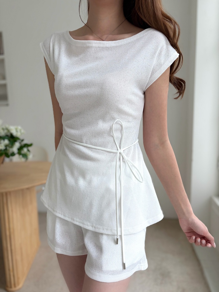 Elysian Boat Neck Belted Set (White)