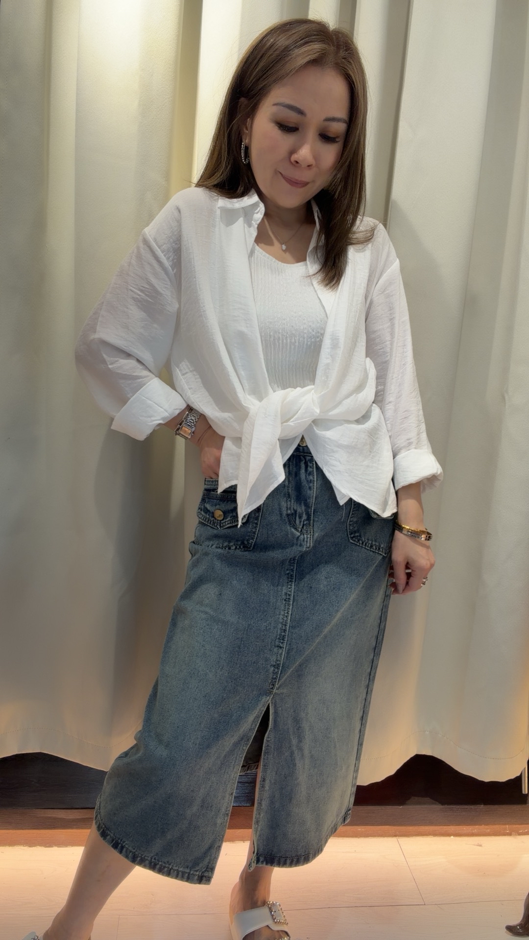 中高腰前開叉牛仔裙