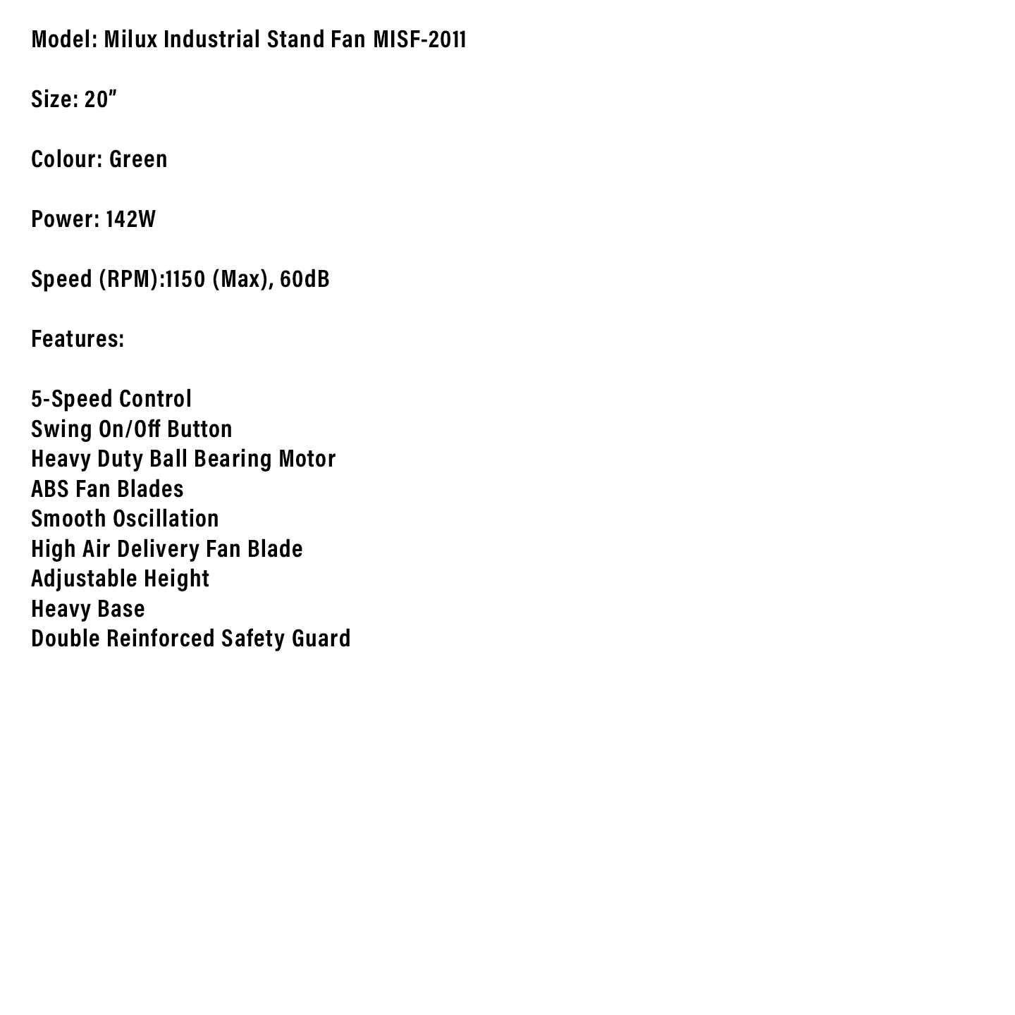 Milux 20" 142W Industrial Stand Fan (MISF-2011)