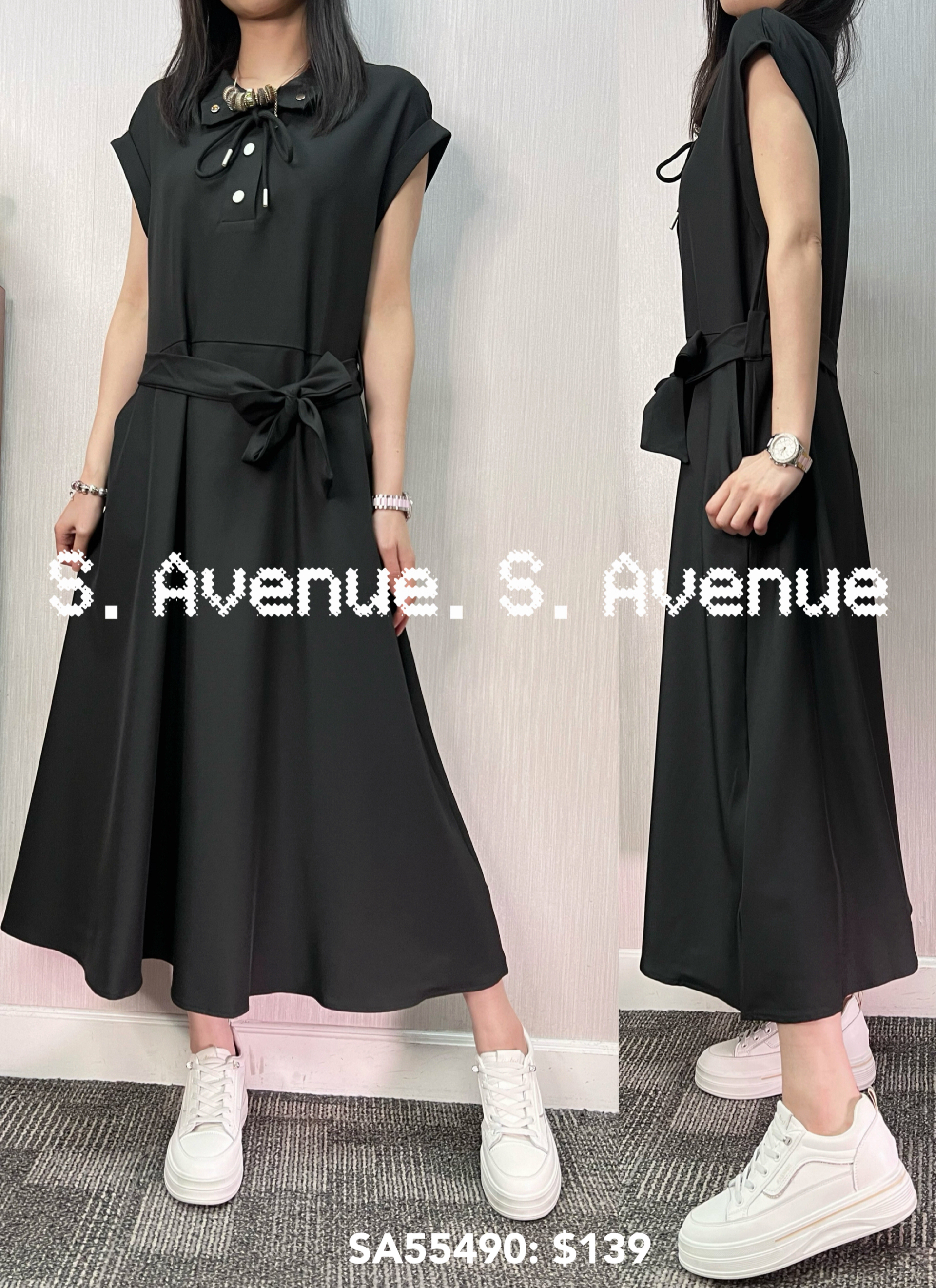 SA55490: 短袖領有鈕腰綁帶顯瘦op