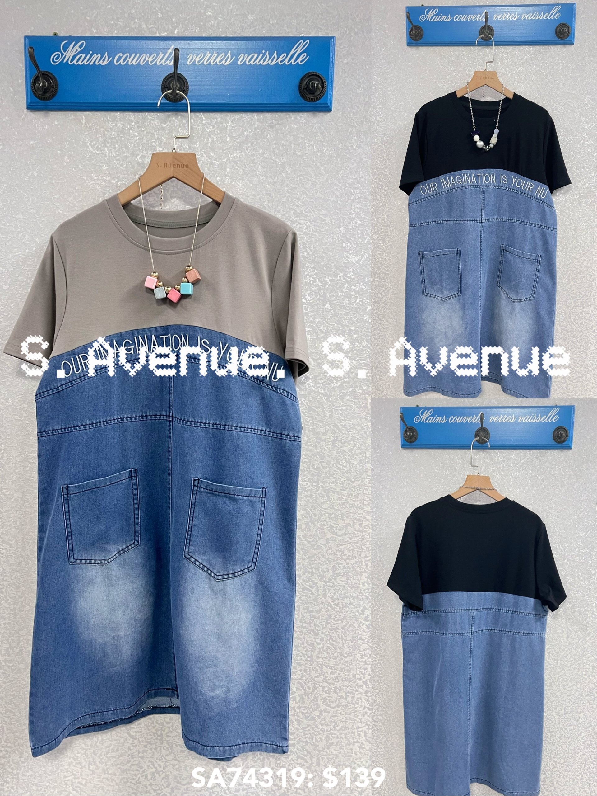 SA74319: 短袖前有骨繡英文字雙袋牛仔op