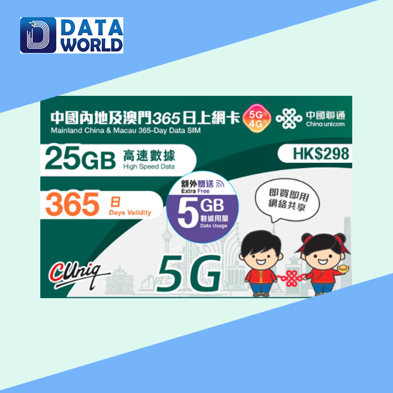 中國聯通 4G/5G $298 內地及澳門365日上網卡