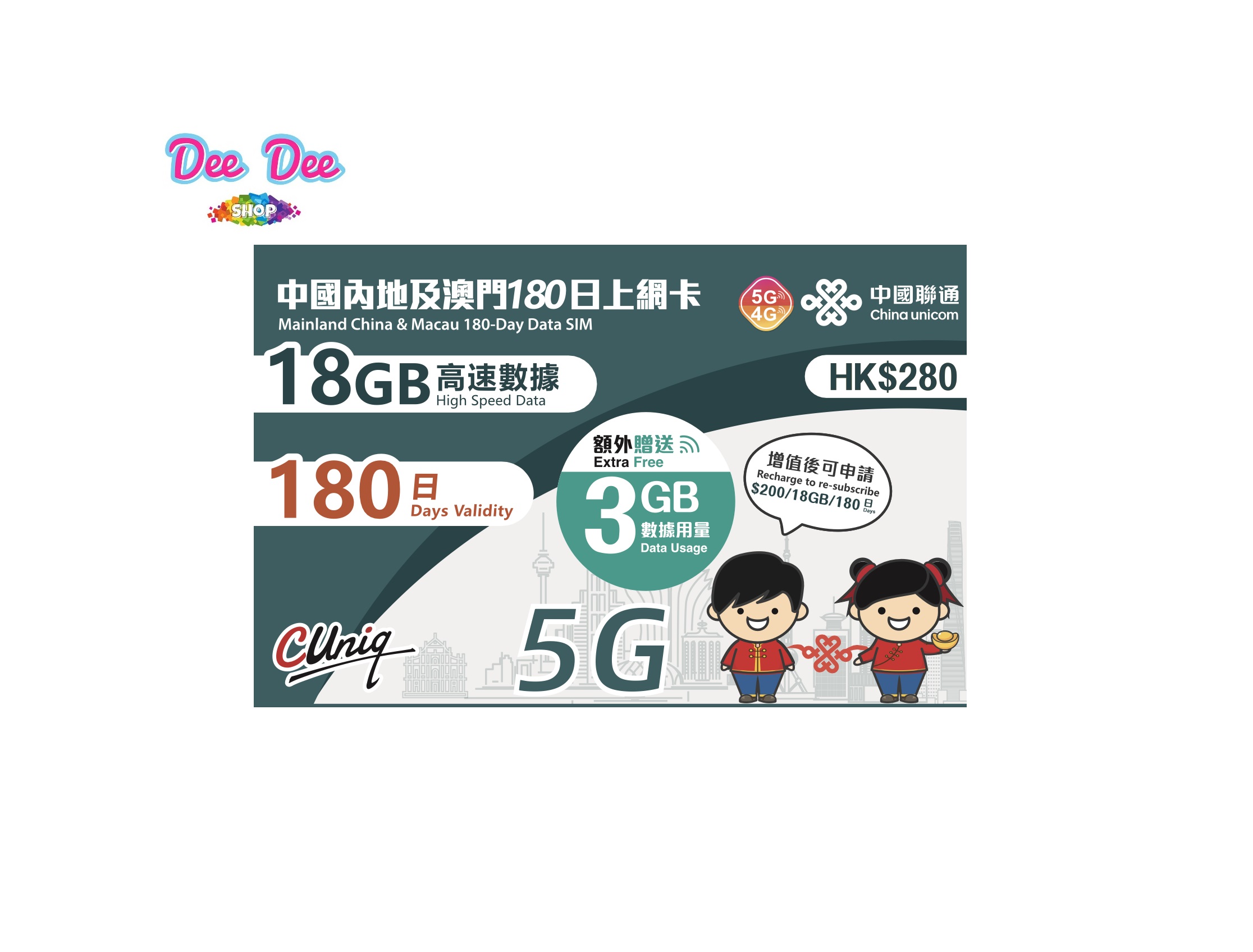 中國聯通 5G/4G 中國內地及澳門180日24GB上網卡