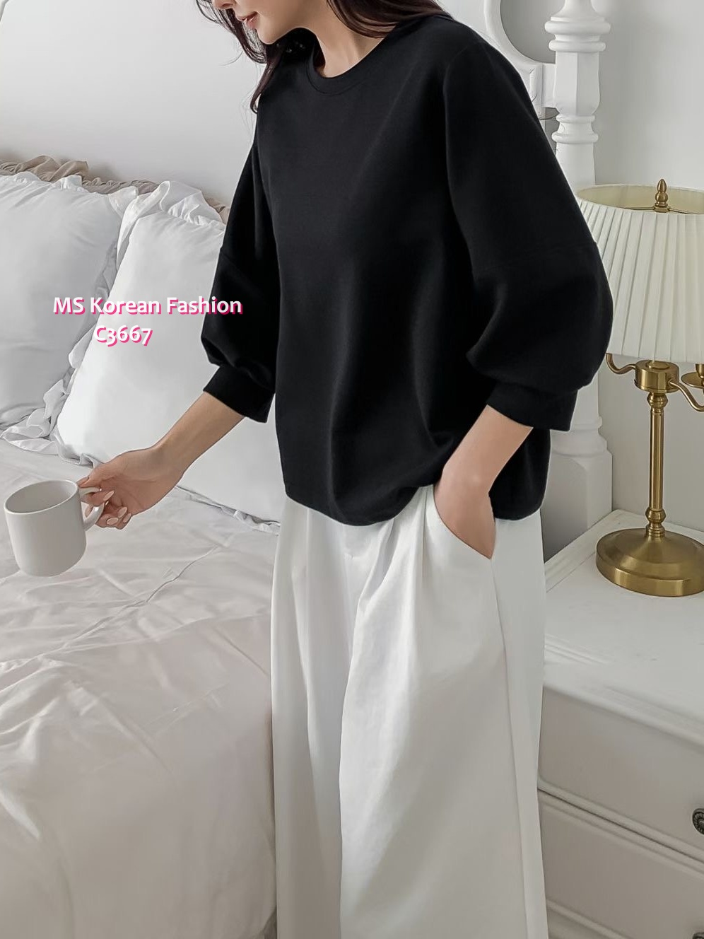 C3667 韓國🇰🇷淨色泡泡袖top