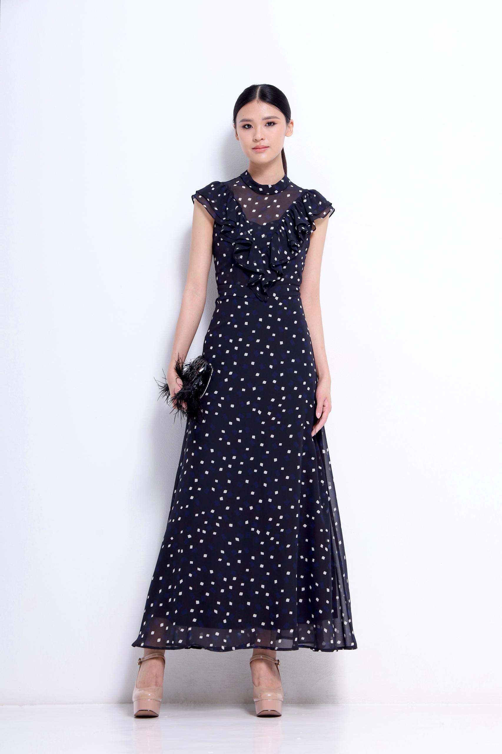 CD2148 RUFFLE STAND COLLAR MAXI DRESS