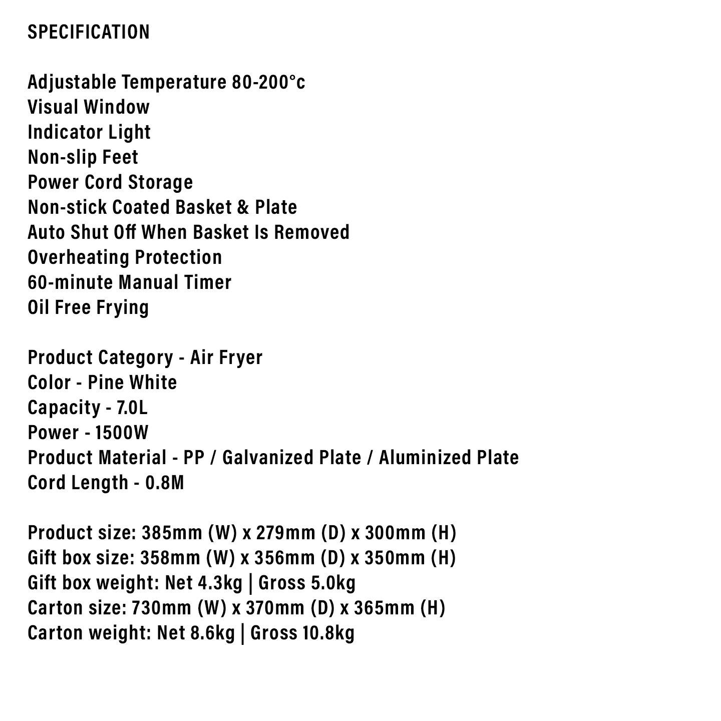 Faber 7.0L Pine Air Fryer FAF 7150WH