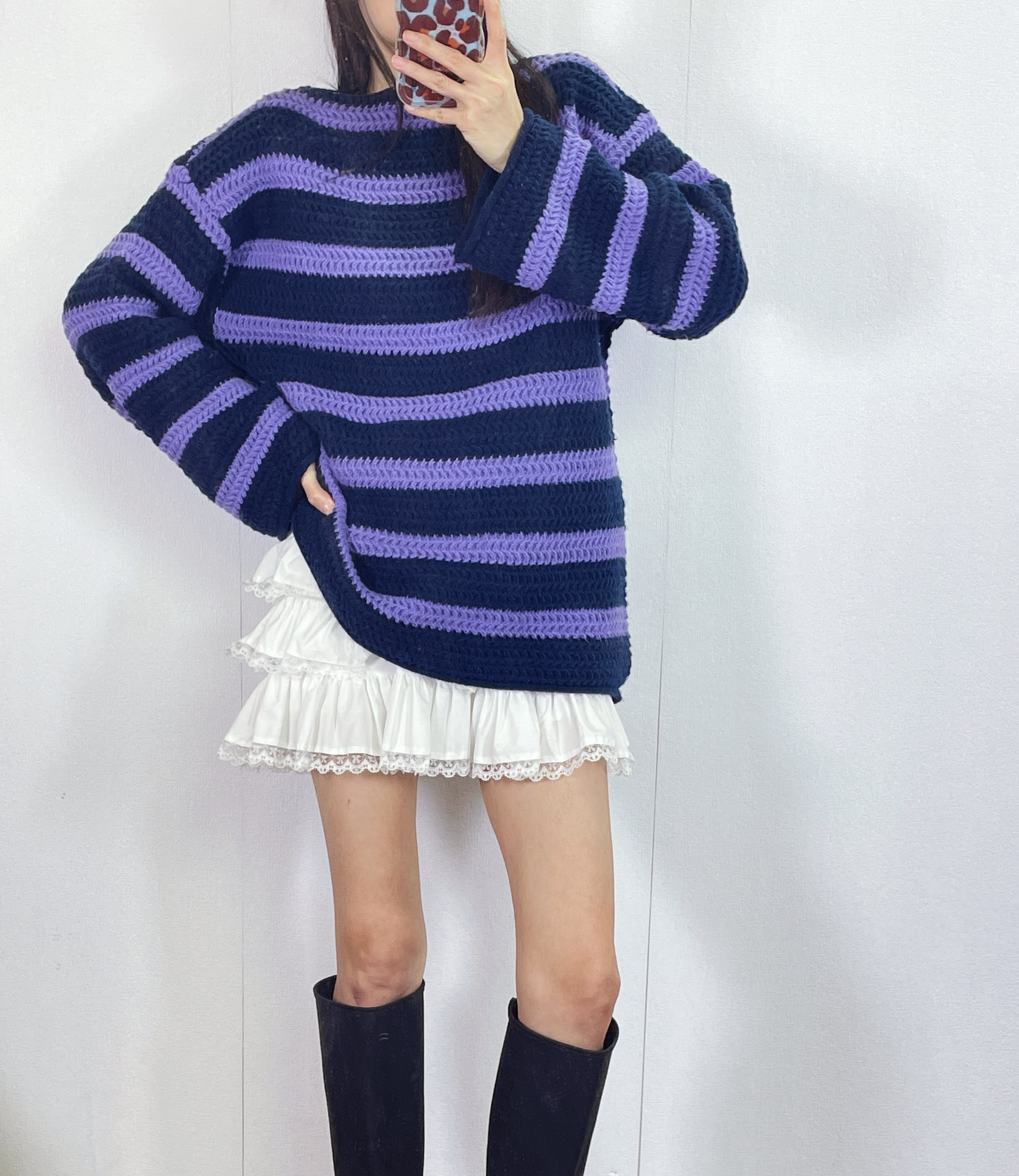 K5528 粗線橫間一字領長身身針織