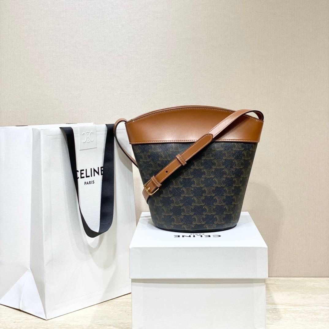 🔥大货实拍图 𝗖𝗘𝗟𝗜𝗡𝗘 ♥ 𝗧𝗥𝗜𝗢𝗠𝗣𝗛𝗘 𝗕𝗨𝗖𝗞𝗘𝗧 𝗖𝗥𝗘𝗖𝗬 金色马衔扣是Crecy系列的标志性元素，以做旧感的原色小牛皮衬托，透出简约而优雅的气质。型号：192072 尺寸：14*21*14cm