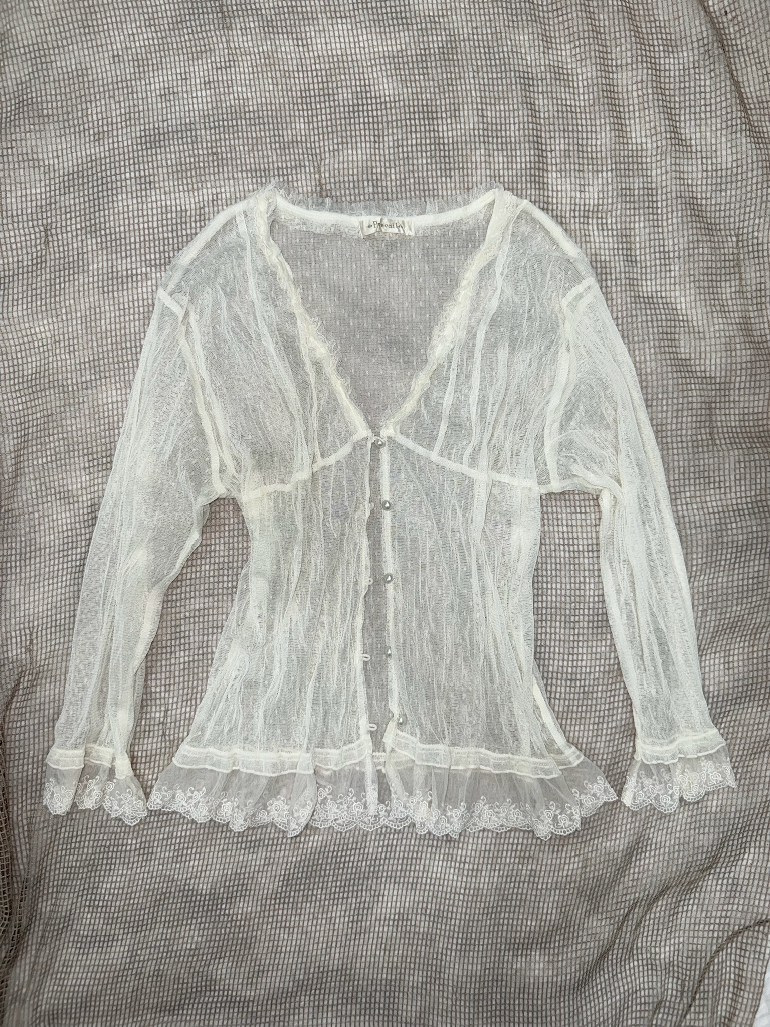 White Sheer Mesh Blouse with Pearl Buttons and Lace Ruffle Trim