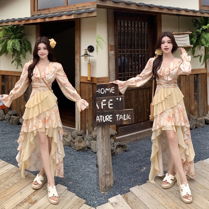 B11(8717) 法式度假风碎花糖果袖拼接斜层荷叶前短后长黄连身裙