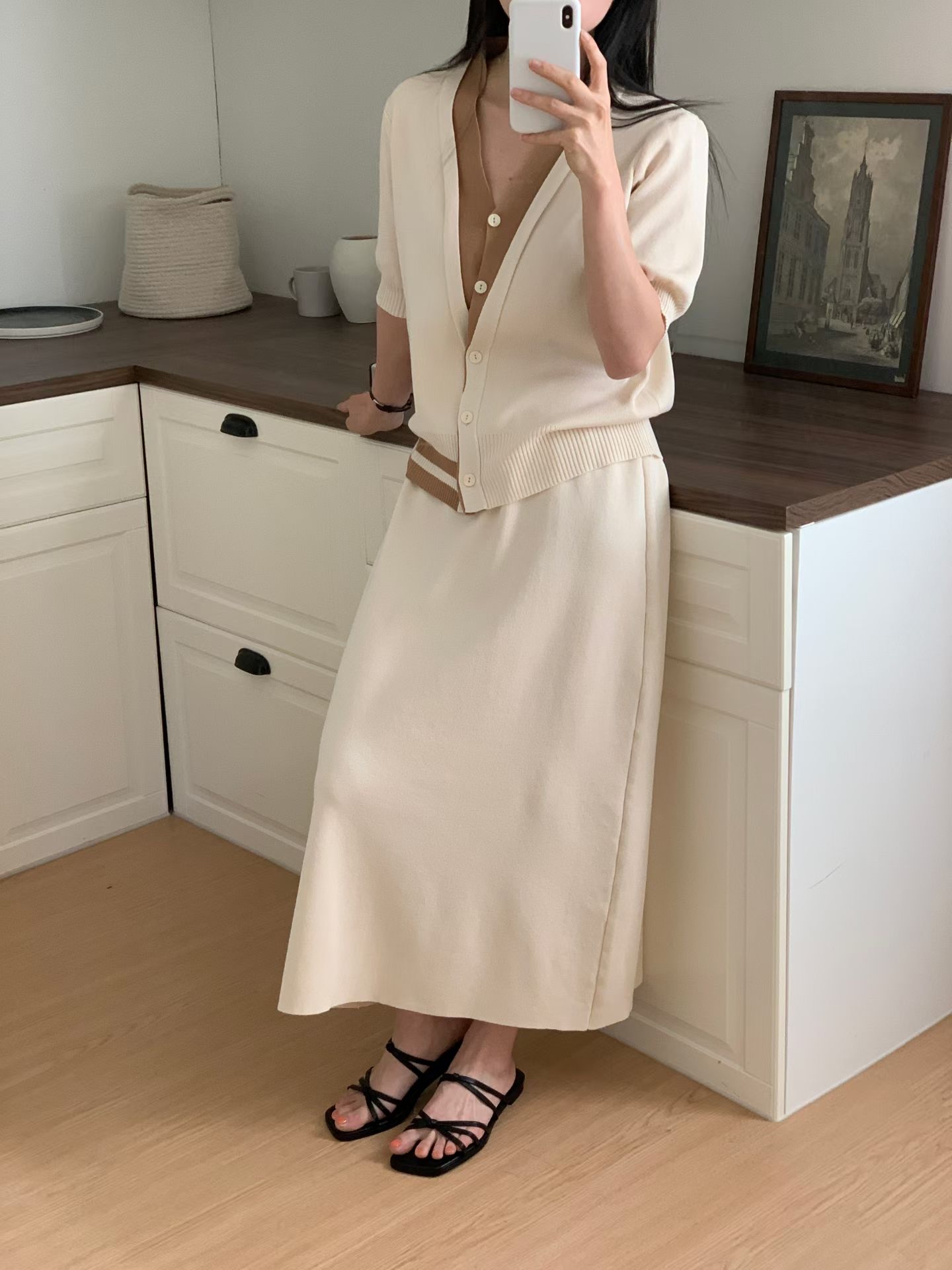 CT19 開鈕拼色外套+裙set 