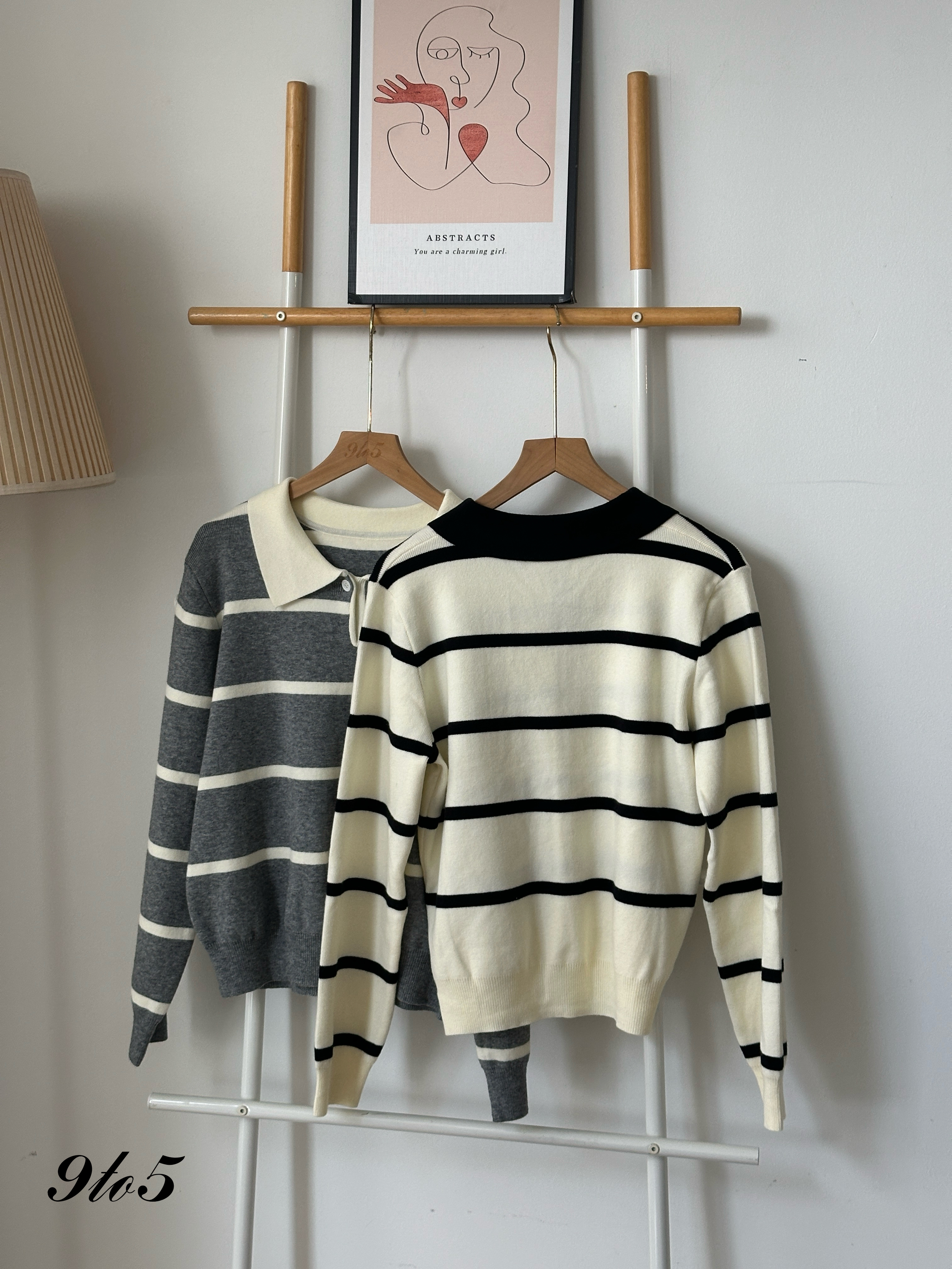 T4006 Striped Knit Polo Shirt - Black & Grey