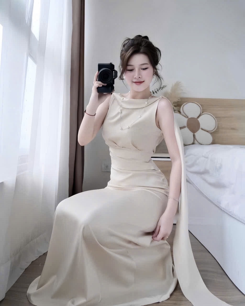 優雅的垂褶露背連身裙