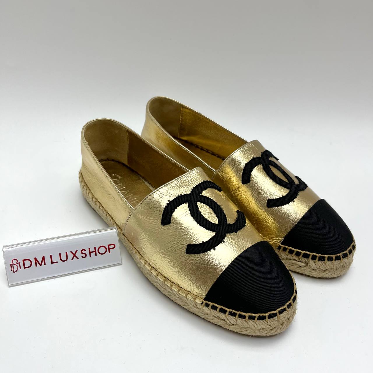 Chanel Metallic Gold Espadrilles with Black Canvas 