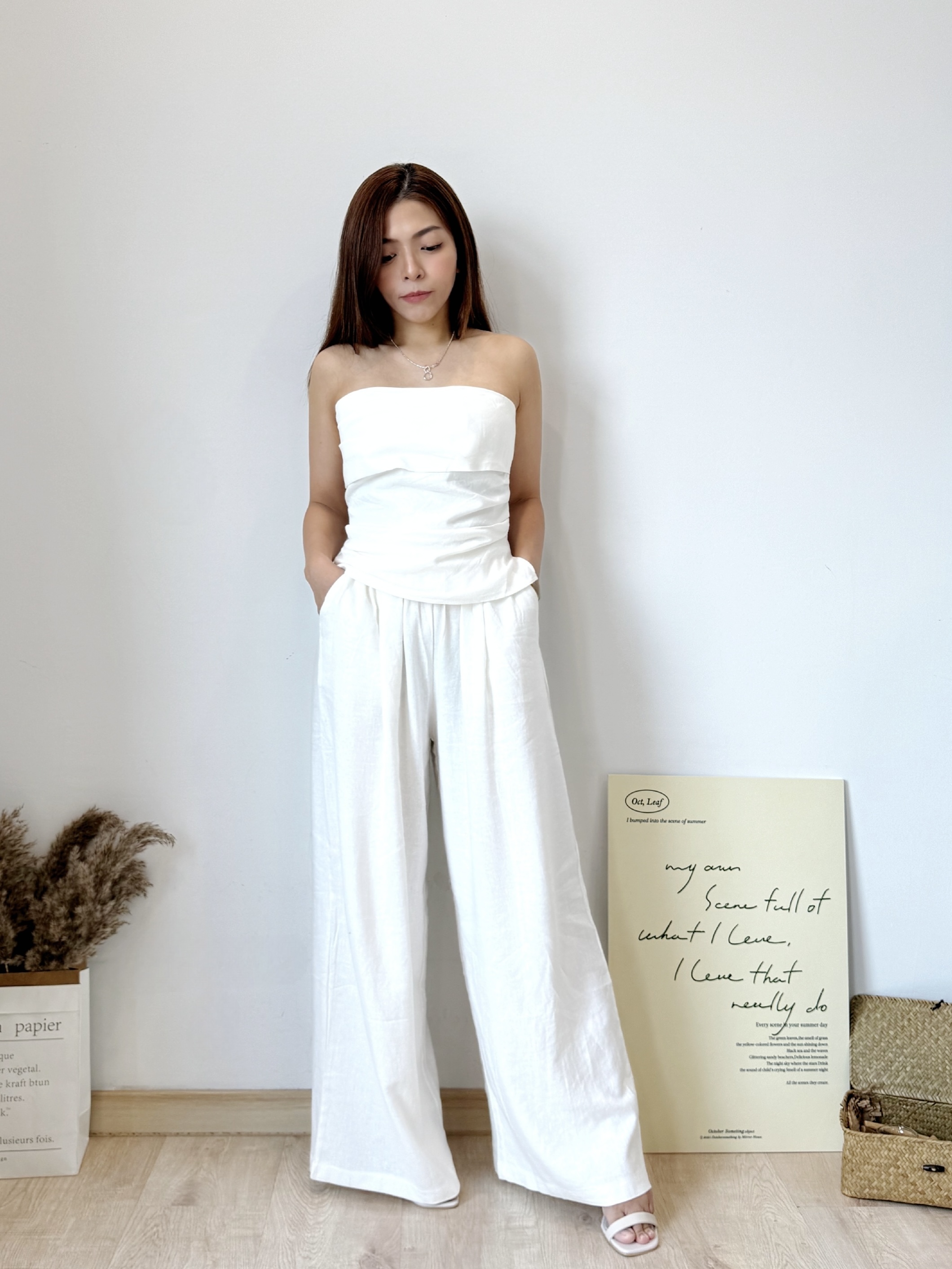 Luna Linen Tube Top +Trouser Sets 亚麻抹胸上衣 + 直筒阔腿裤两件套( 2 colours )