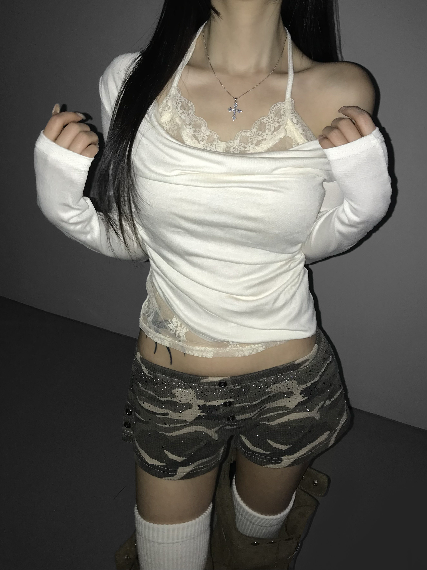 Waffle Knit Rhinestone Camo Shorts