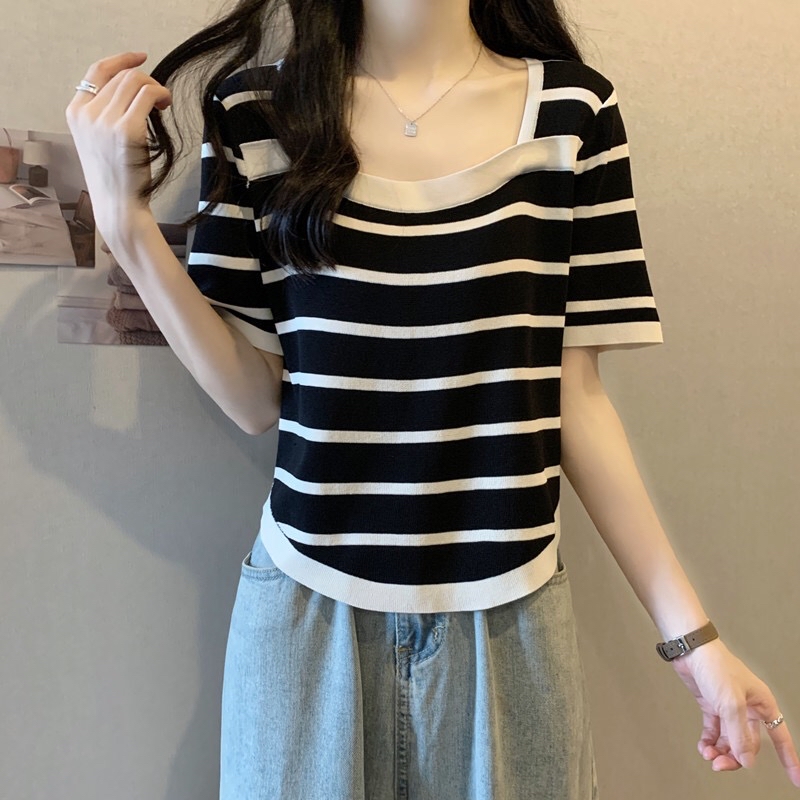 B246(1006) 韩版撞色横纹显瘦下摆圆角冰丝针织黑上衣 