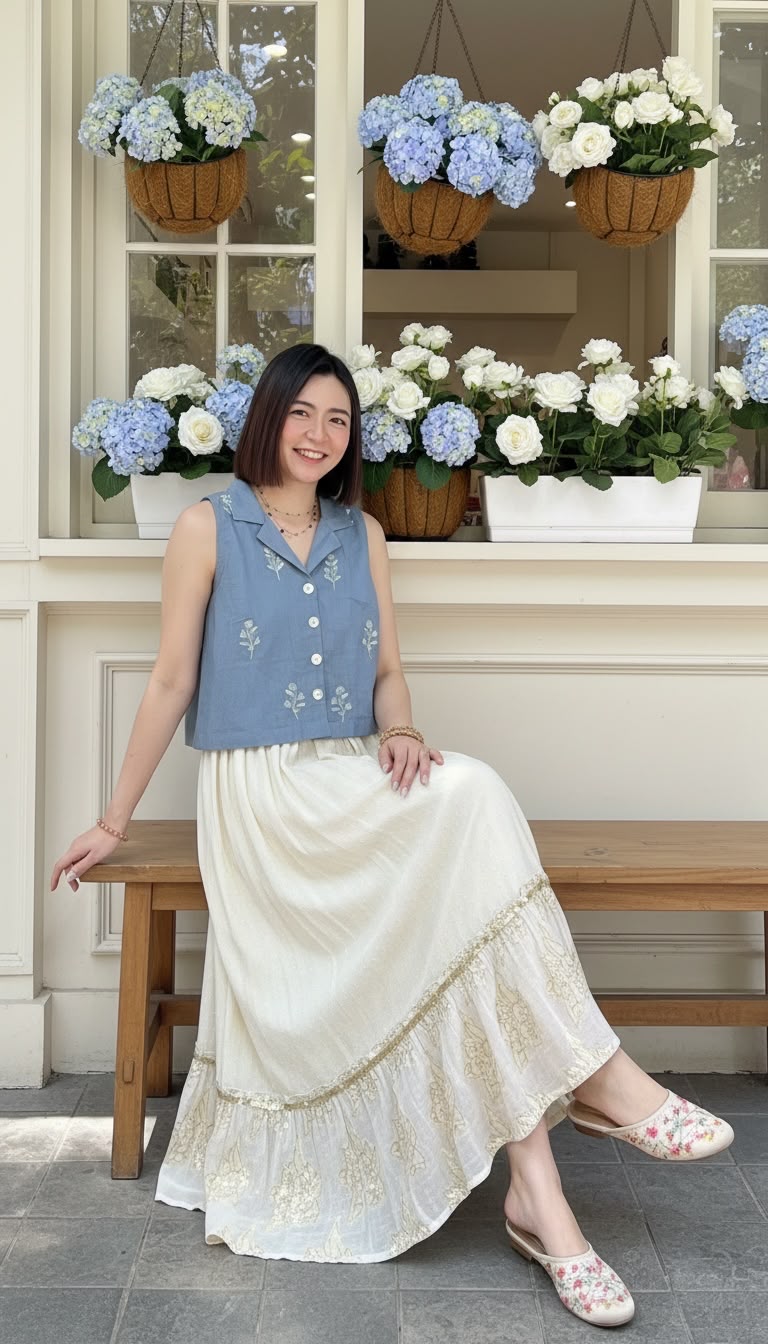 2490 Light Blue Flower Emb. 2 Way Vest