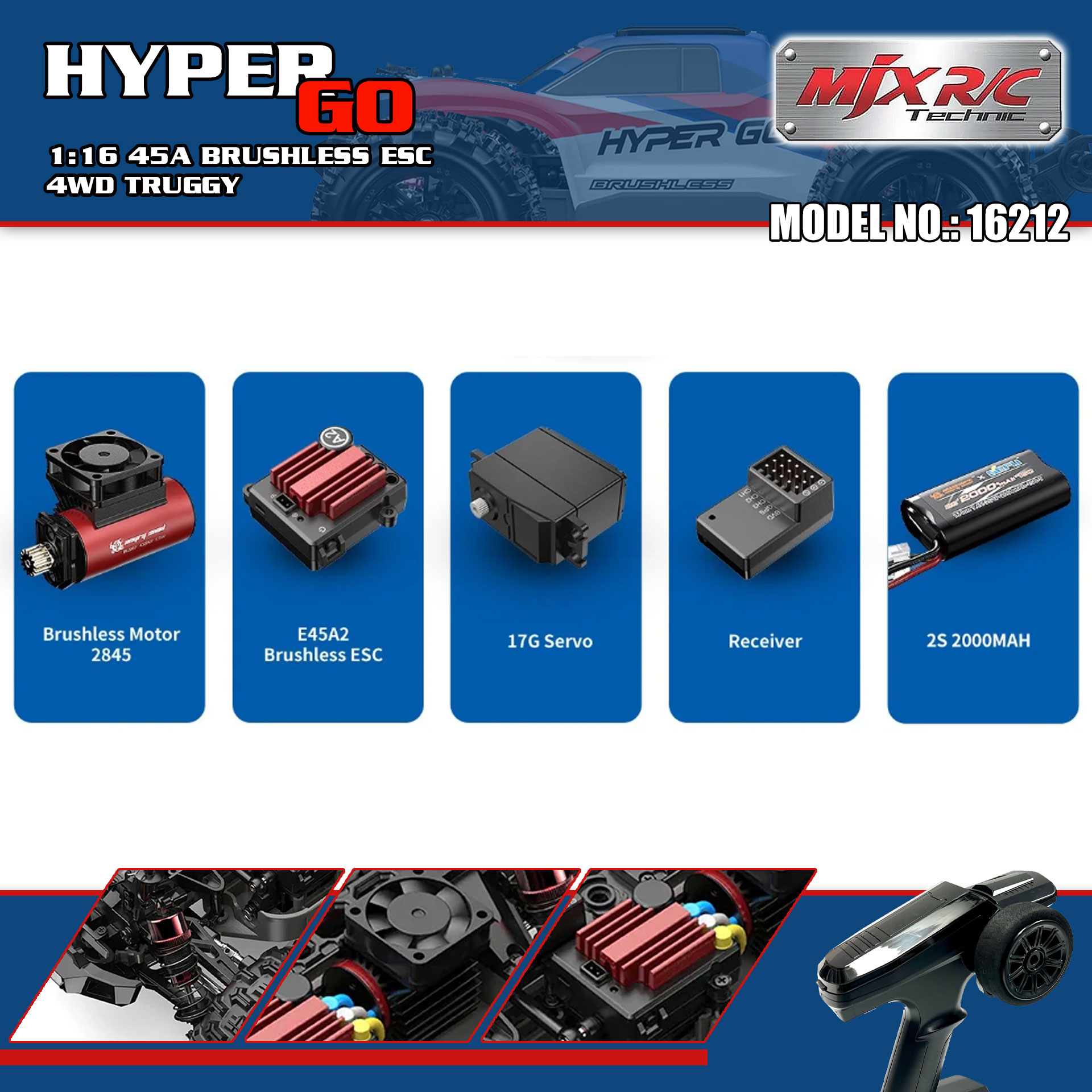 全新 美嘉欣 MJX R/C 1:16 16212 無刷越野車 | 防翻尾輪 | 金屬齒輪 | 油壓避震 | 可用2s-3s電 | 最高速約60KM/H