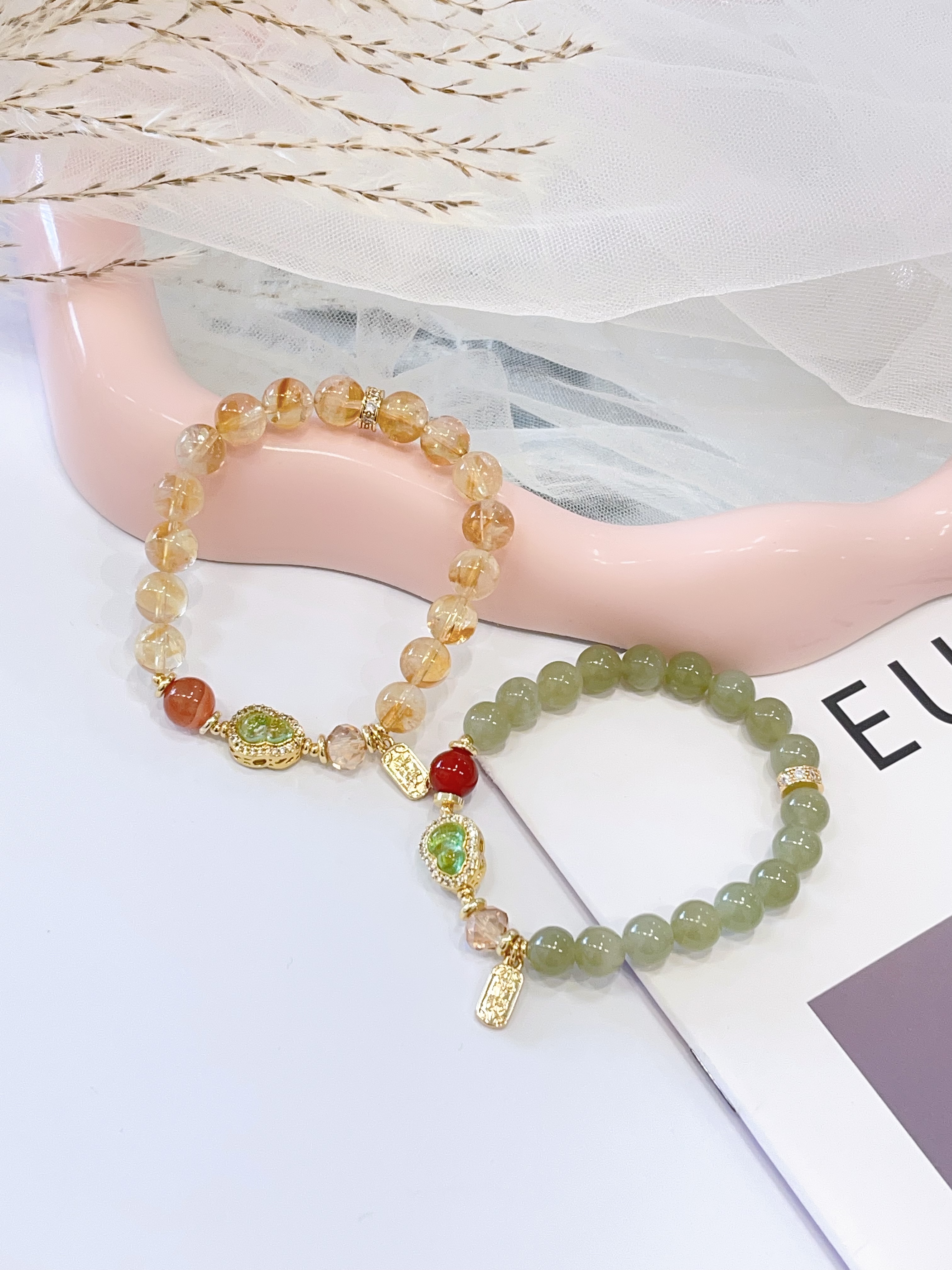 💛 黄塔晶 × 冰飘南红 × 葫芦吊饰手串 Citrine, Icy Nanhong Agate & Gourd Charm | 8mm