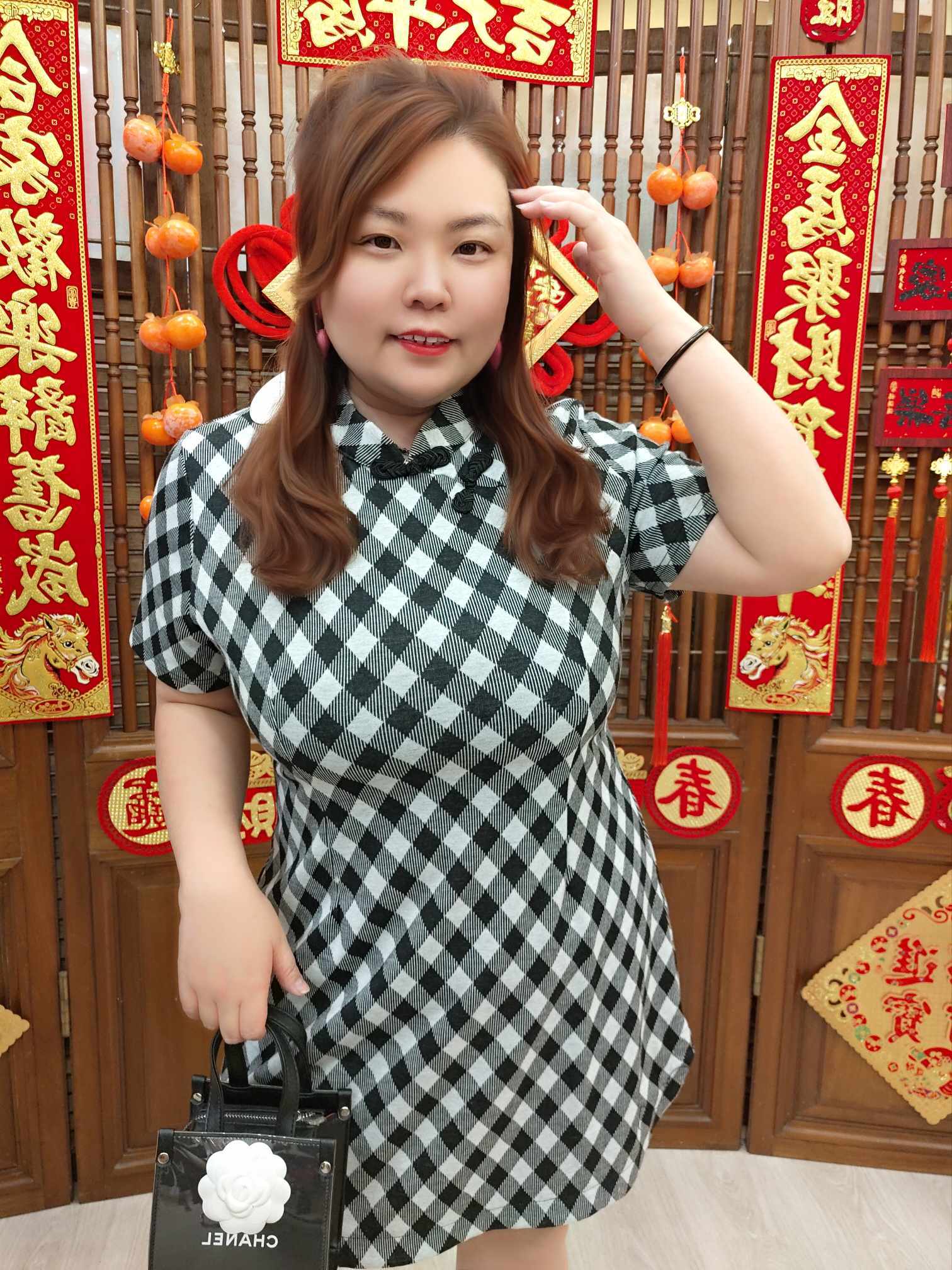 NJH04 TW#5310 复古格子旗袍连衣裙