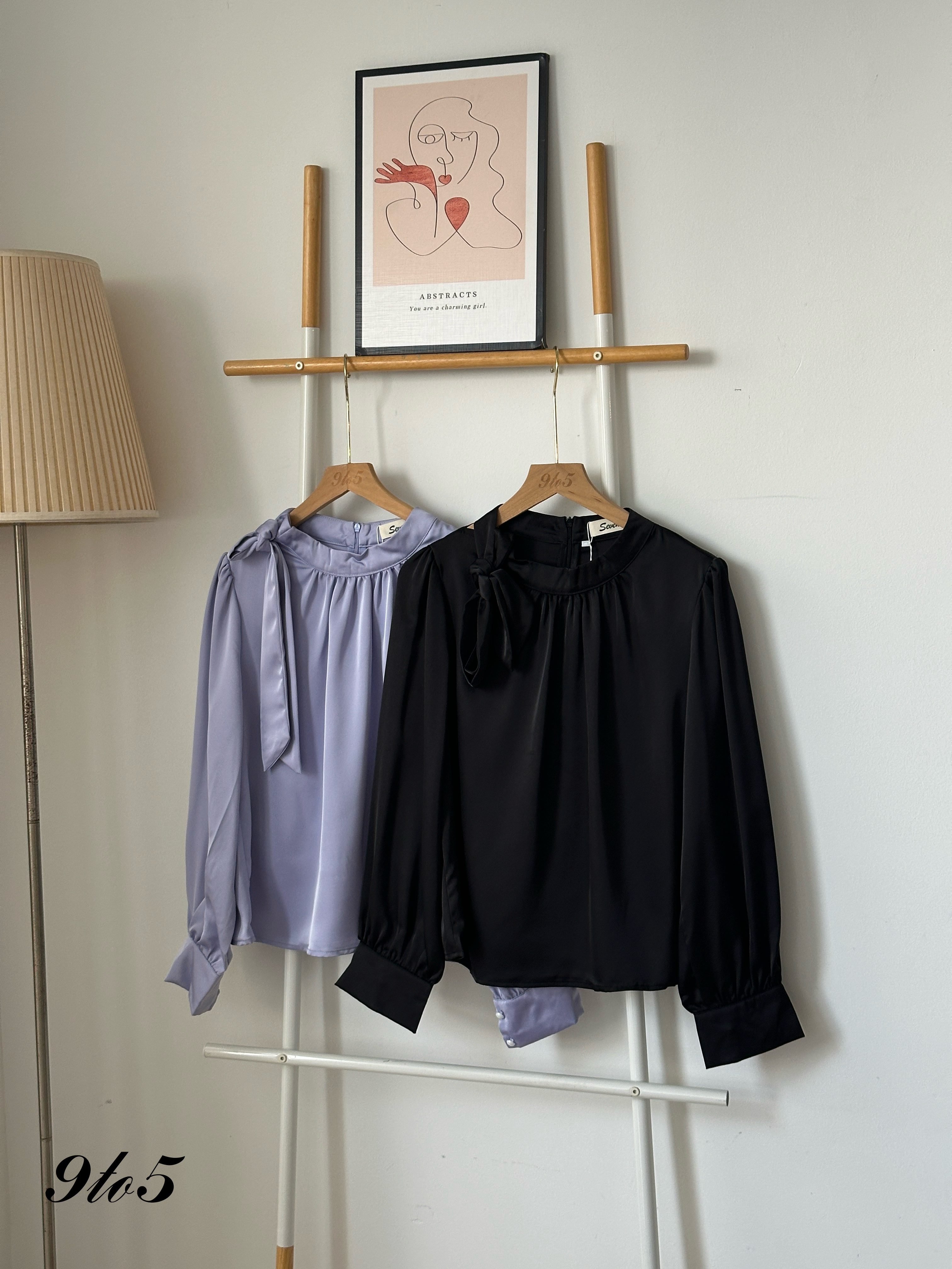 T4030 Tie Neck Satin Blouse - Purple & Black