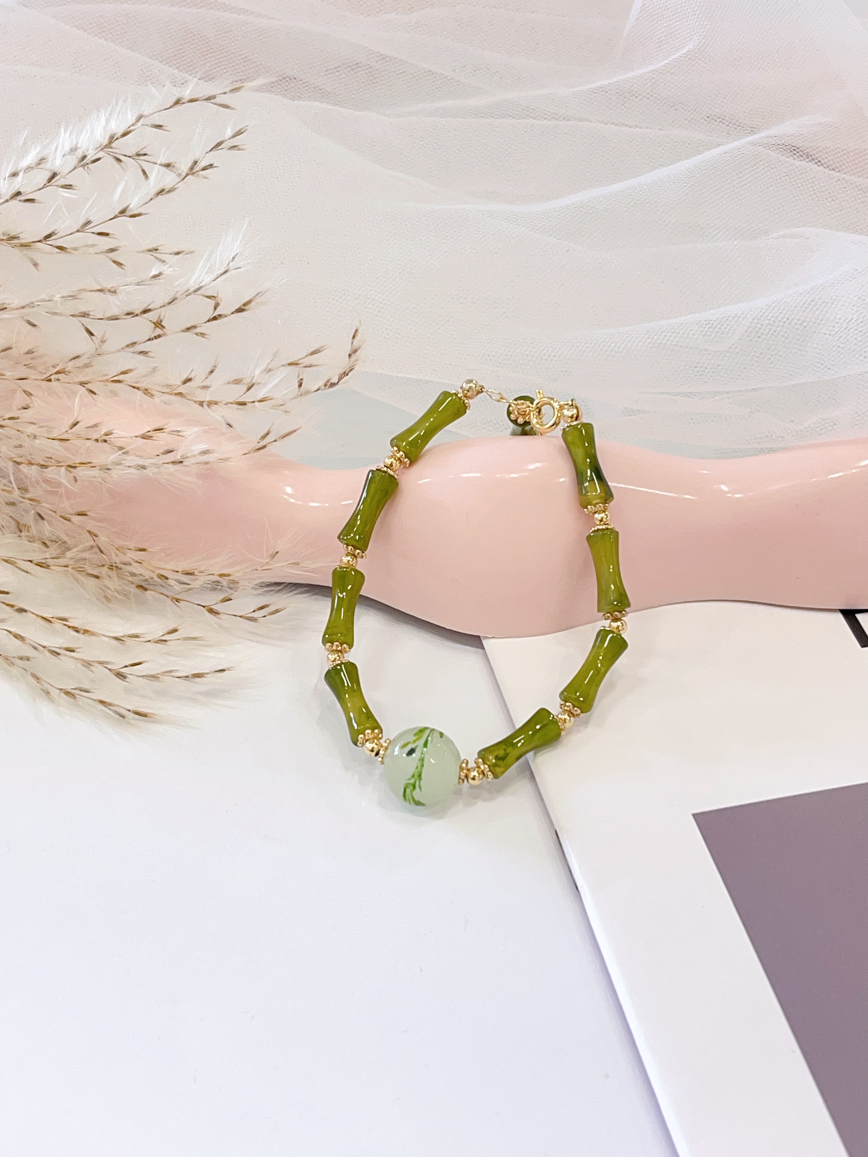 🎋🌿 绿竹节 × 凤尾花手串 Green Bamboo Joint & Phoenix Tail Flower Bracelet | 12mm