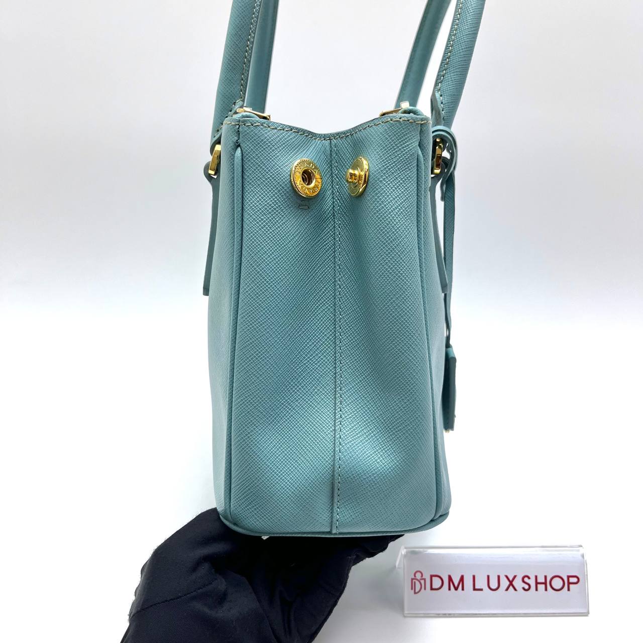 Prada Saffiano Light Blue Small Double Zip Galleria Lux Tote GHW