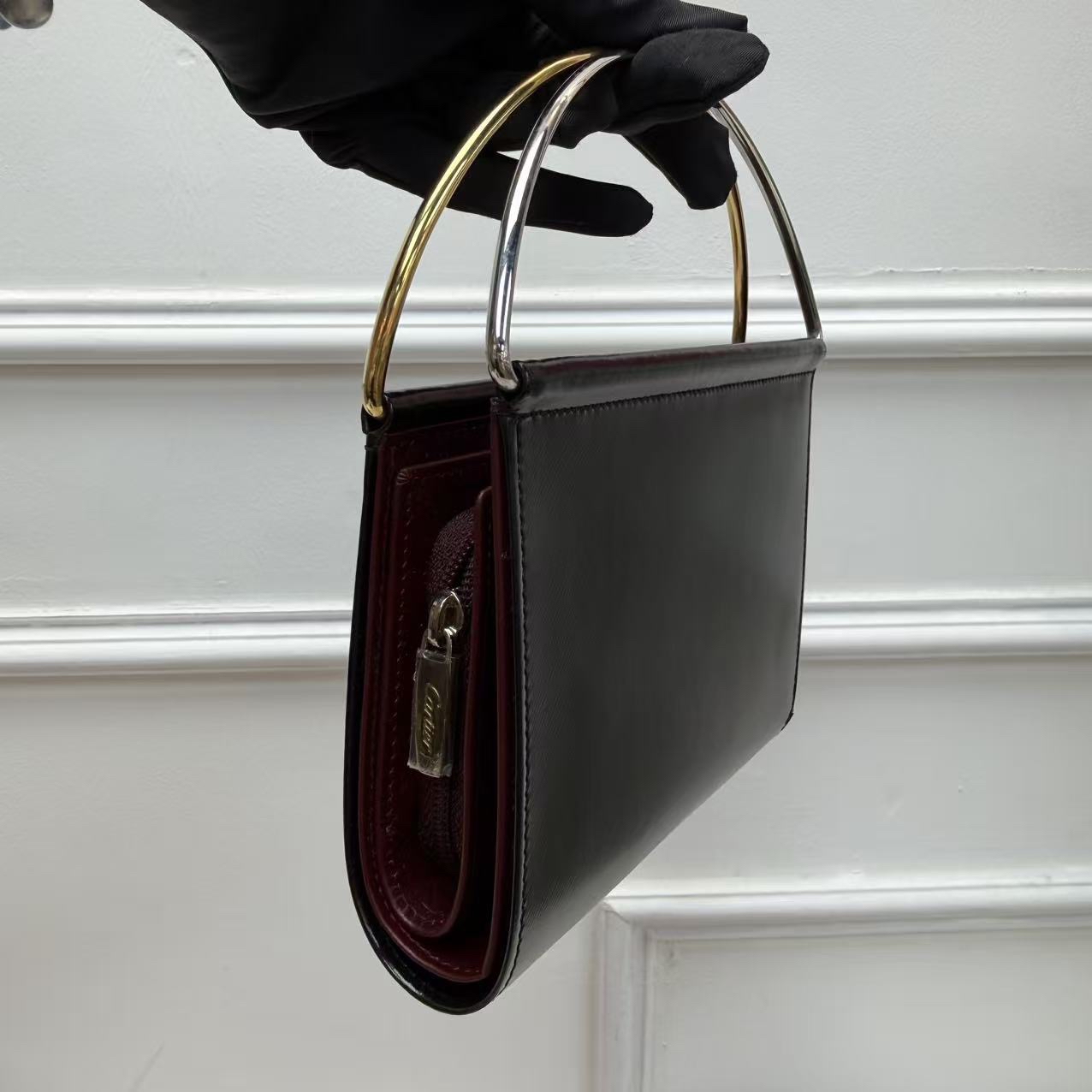 Cartier卡地亞 雙環手提包 黑色 金銀雙環 晚宴包 經典優雅時尚女士晚會聚會手輓包