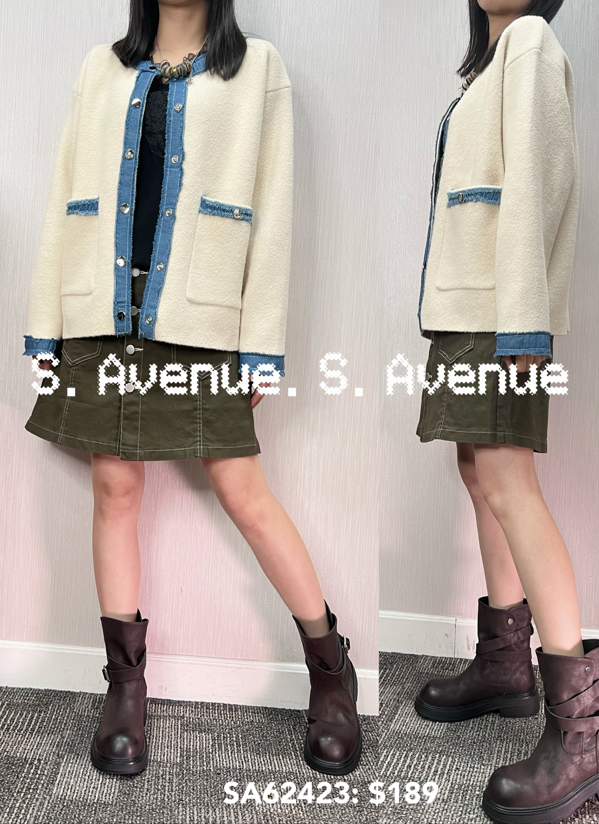 SA62423: 長袖牛仔邊韓國絨褸