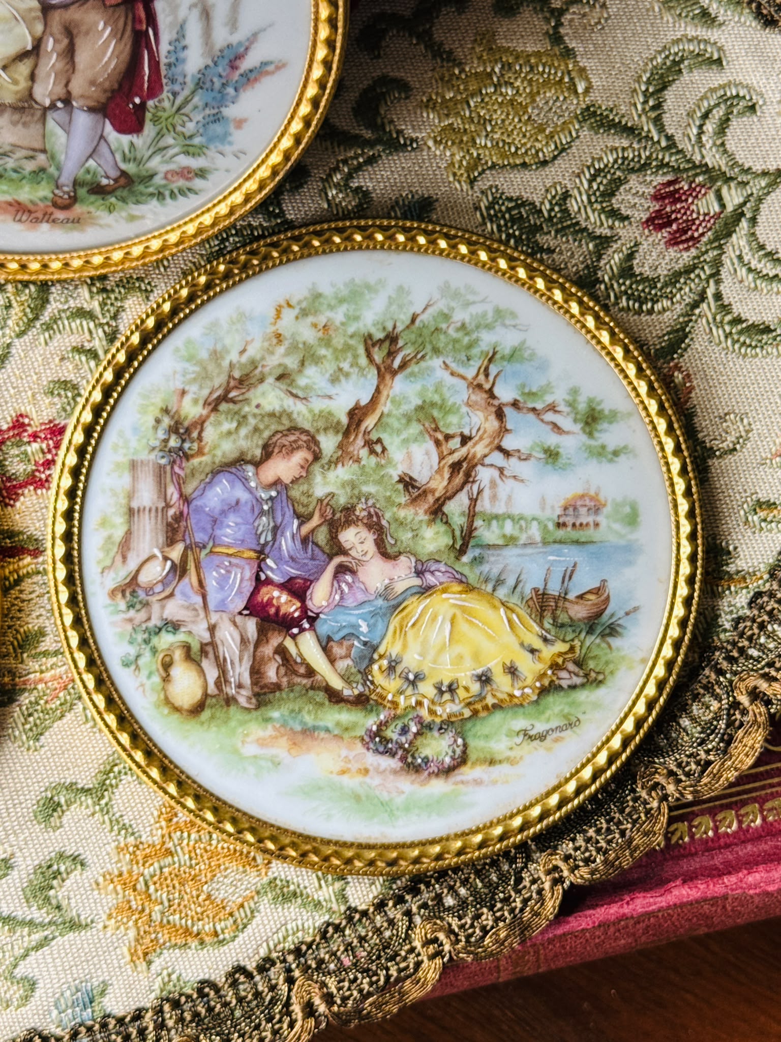Vintage French Limoges Porcelain Decorative Plaques Rococo courting scenes Gilt metal frames - Set of 3 (MT2632)